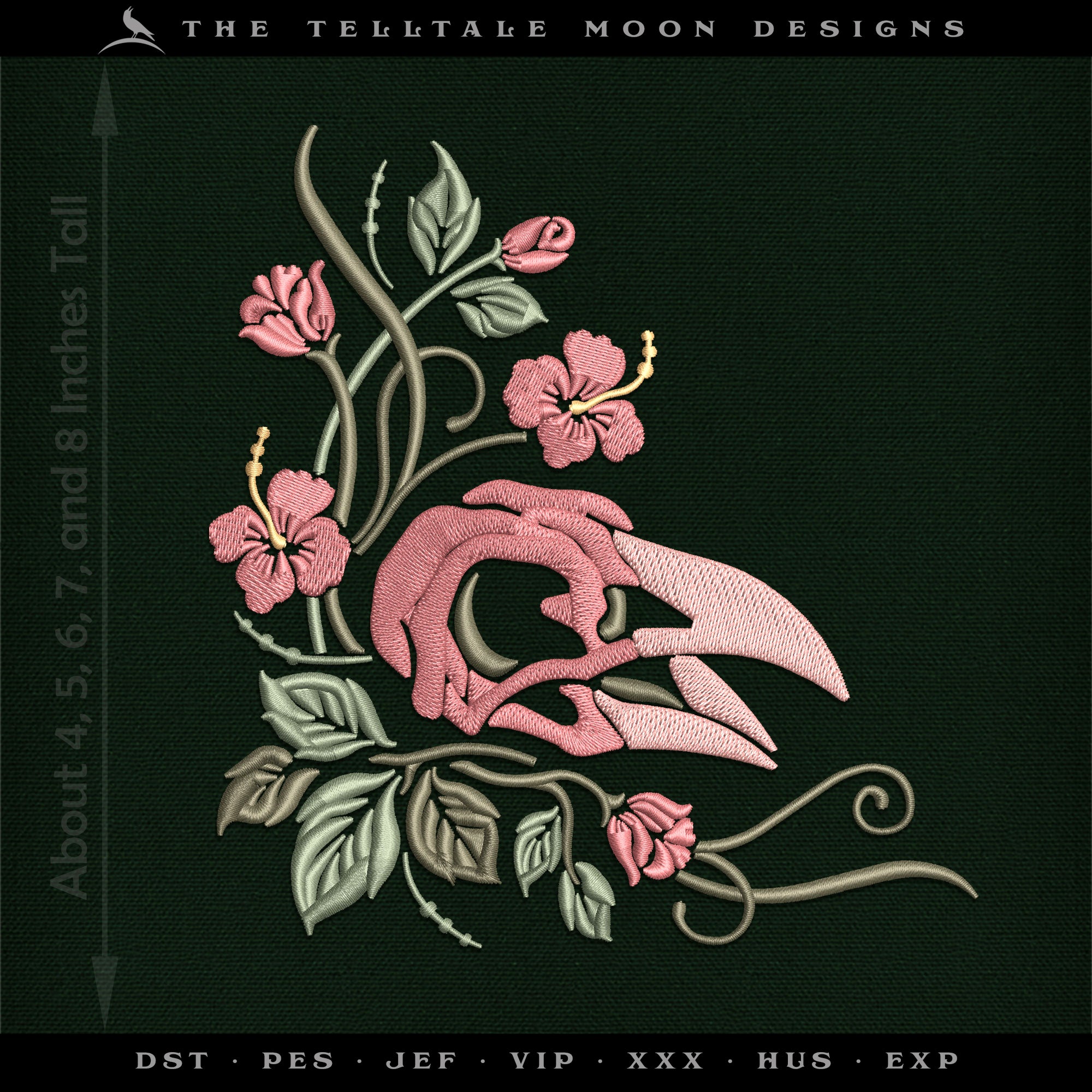 Embroidery: Floral Bird Skull - Five Sizes About 4 to 8 Inches