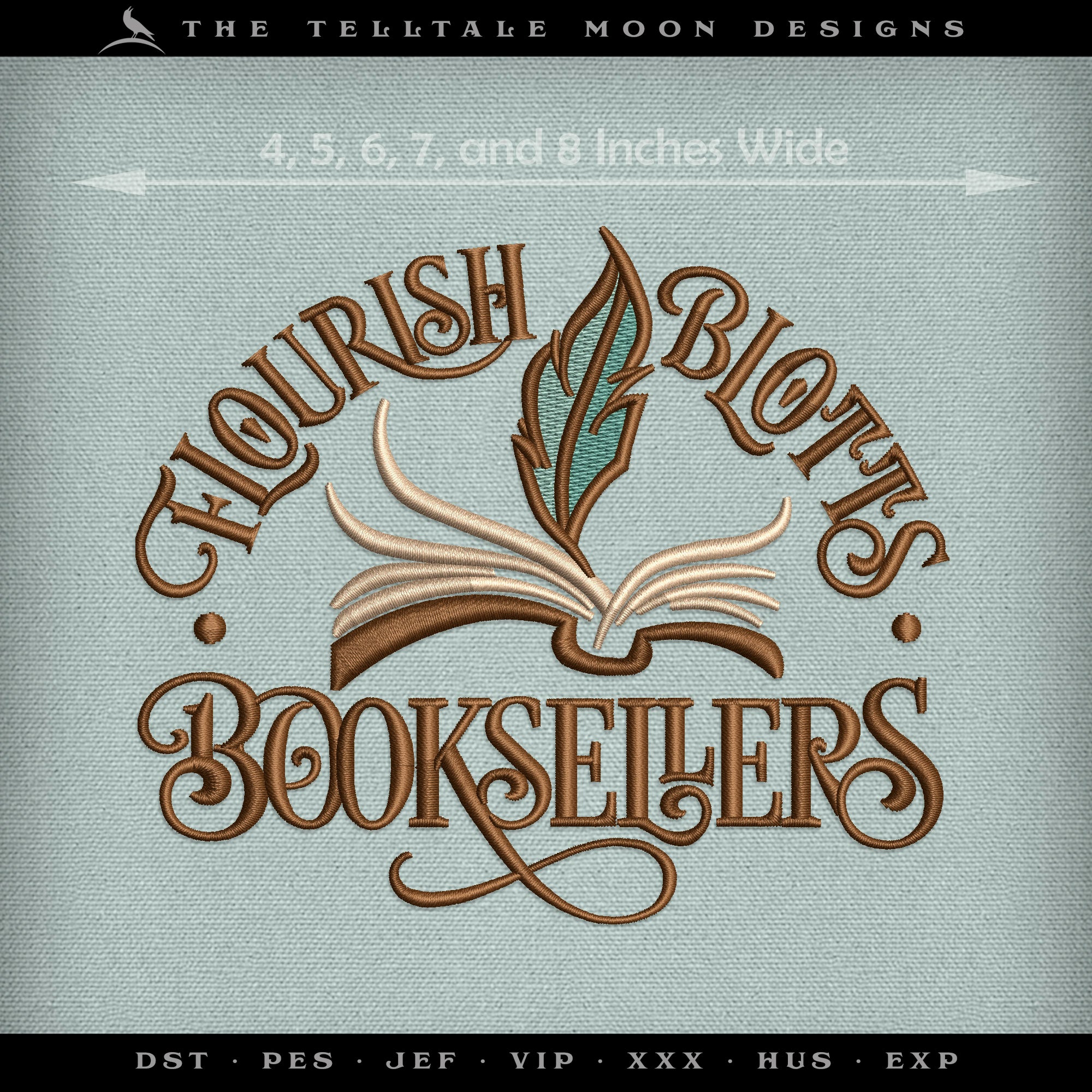 Embroidery: Magical Book Shoppe Logo in Five Sizes 4-8 Inches Wide, with Four Thread Colors