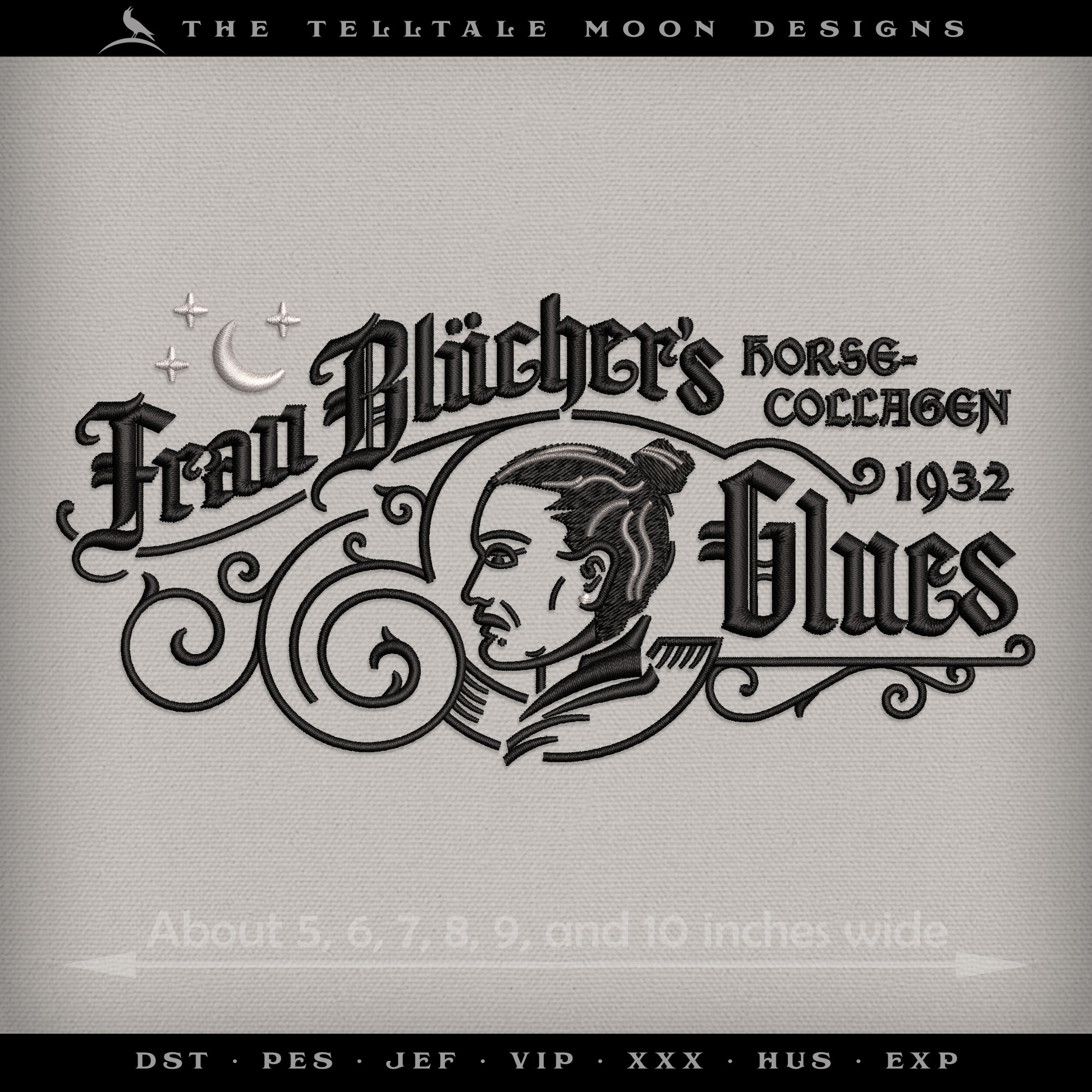 Embroidery: "Frau Blucher's Glues" Frankenstein-inspired Humor - Six Sizes About 6 to 11 Inches