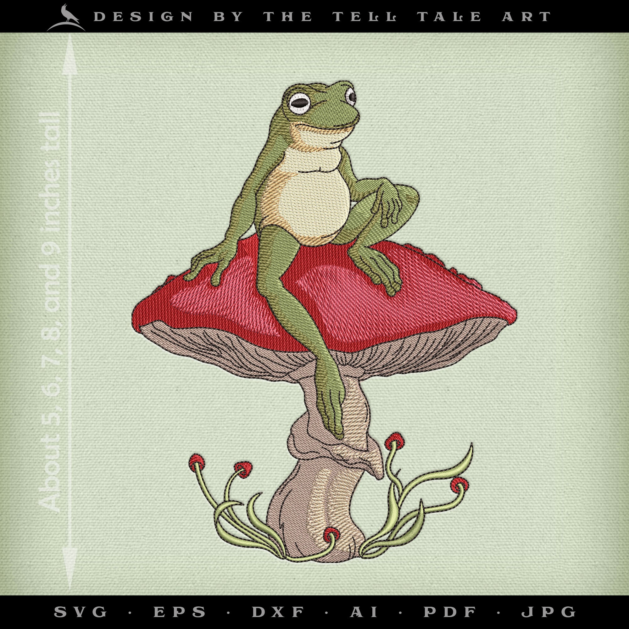 Relaxed Frog on Mushroom – Illustrated Nature Whimsy – Five Sizes 5 to 9 Inches