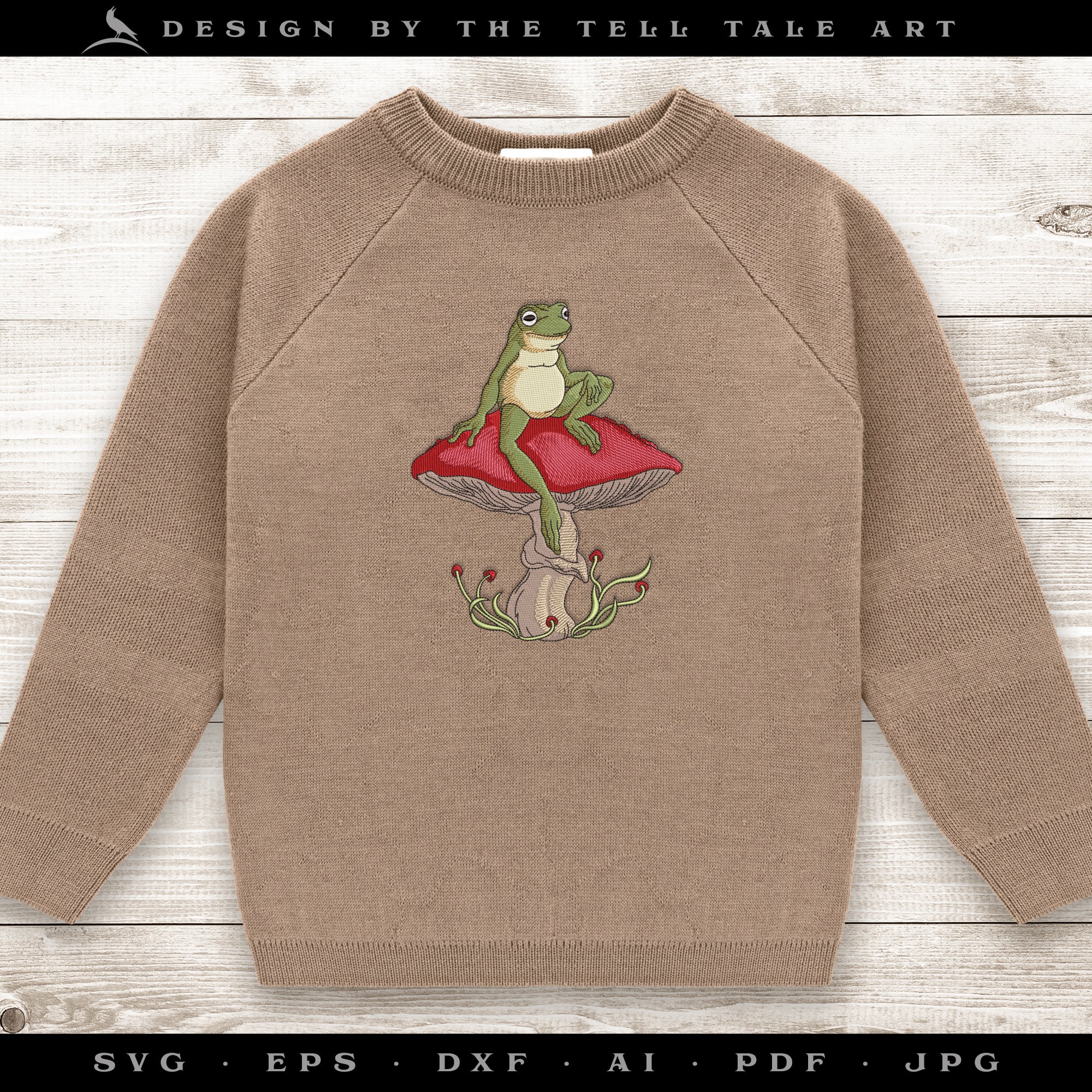 Relaxed Frog on Mushroom – Illustrated Nature Whimsy – Five Sizes 5 to 9 Inches
