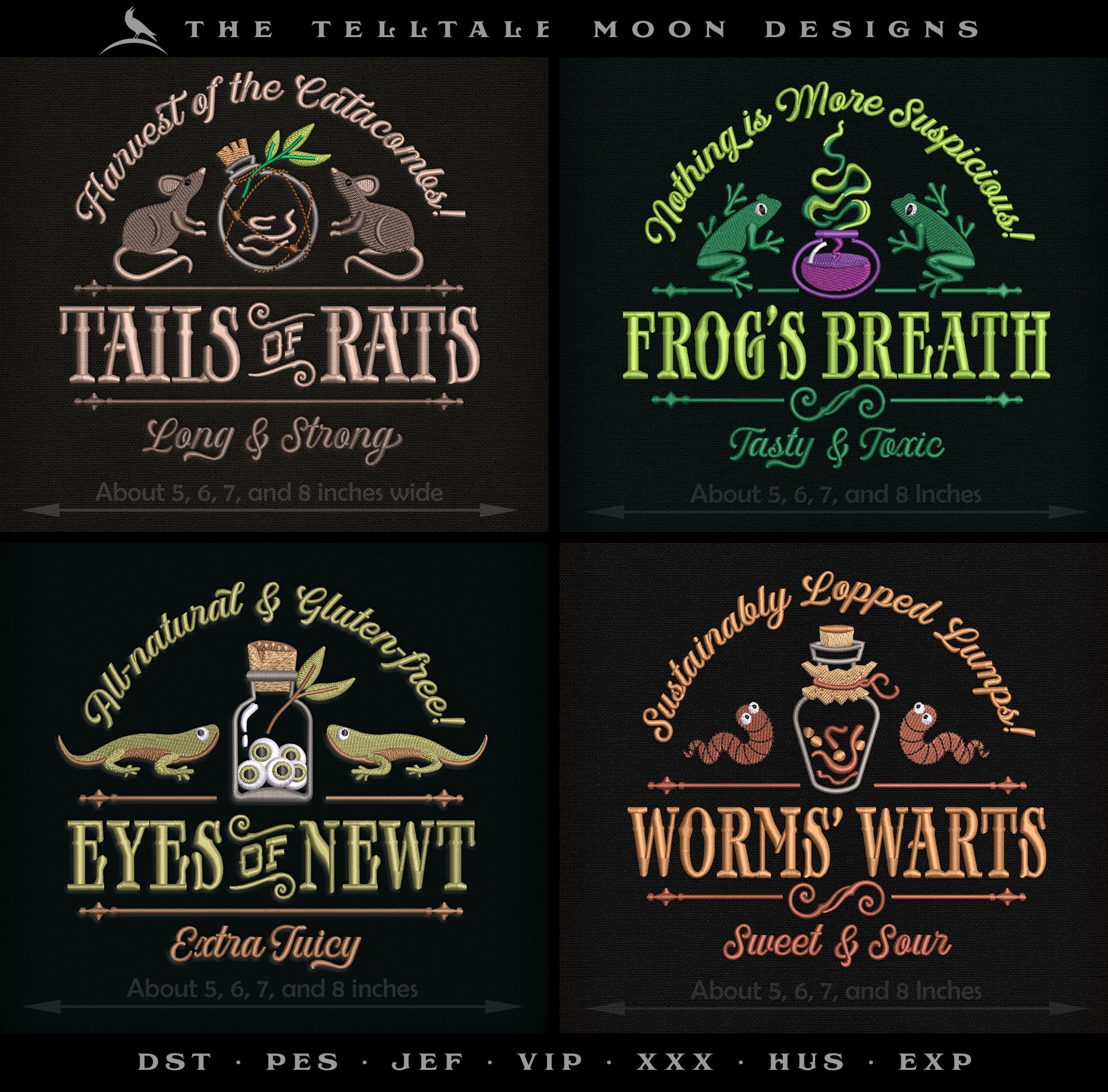 Potion Ingredients Label Set – “Tails, Eyes, Frogs & Warts” – Four Designs