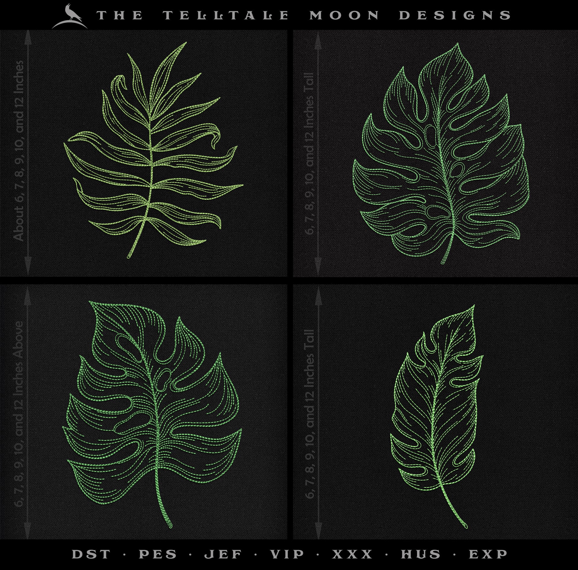 Embroidery: FOUR Leaf Drawings - Majestic Palm, Monstera, and Philodendron - Several Sizes Each