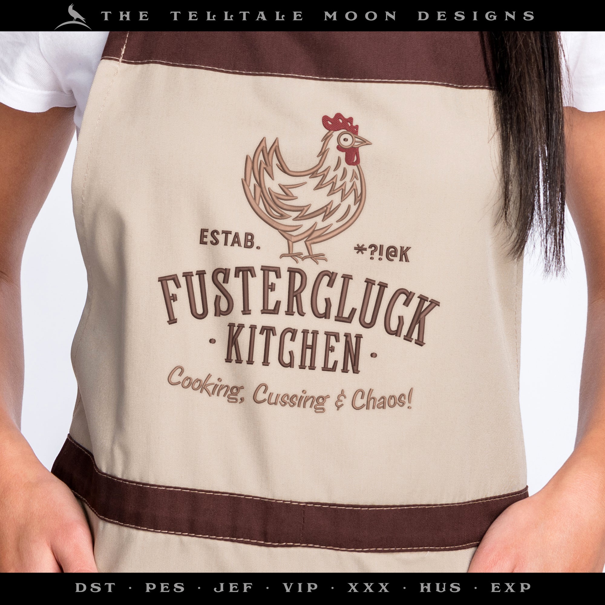 Embroidery: "Fustercluck Kitchen" Humor - Five Sizes 5.5 to 9.5 Inches Tall - Three Thread Colors)