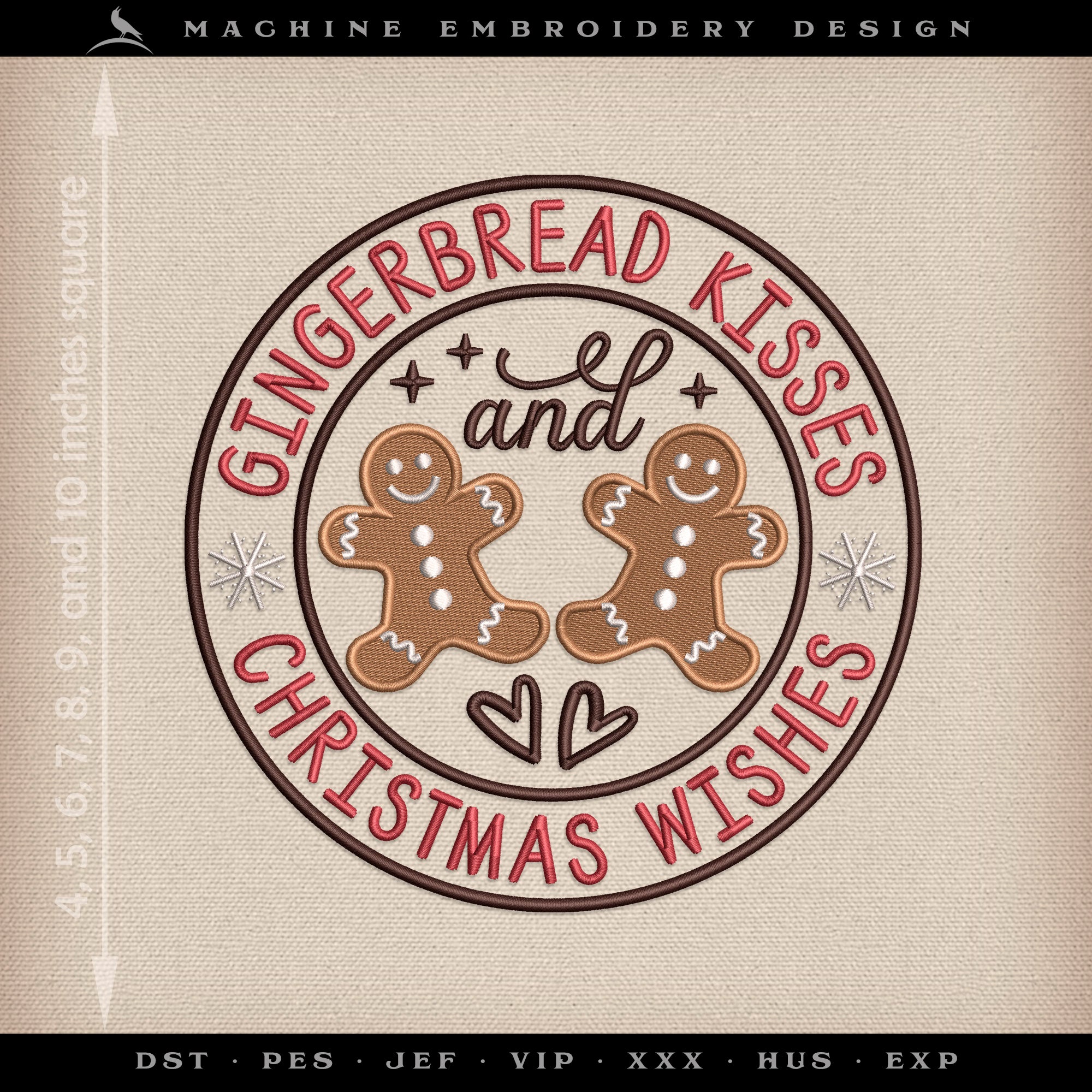 Embroidery: "Gingerbread Kisses" Christmas Bakery Logo - Seven Sizes Between 4 and 10 Inches