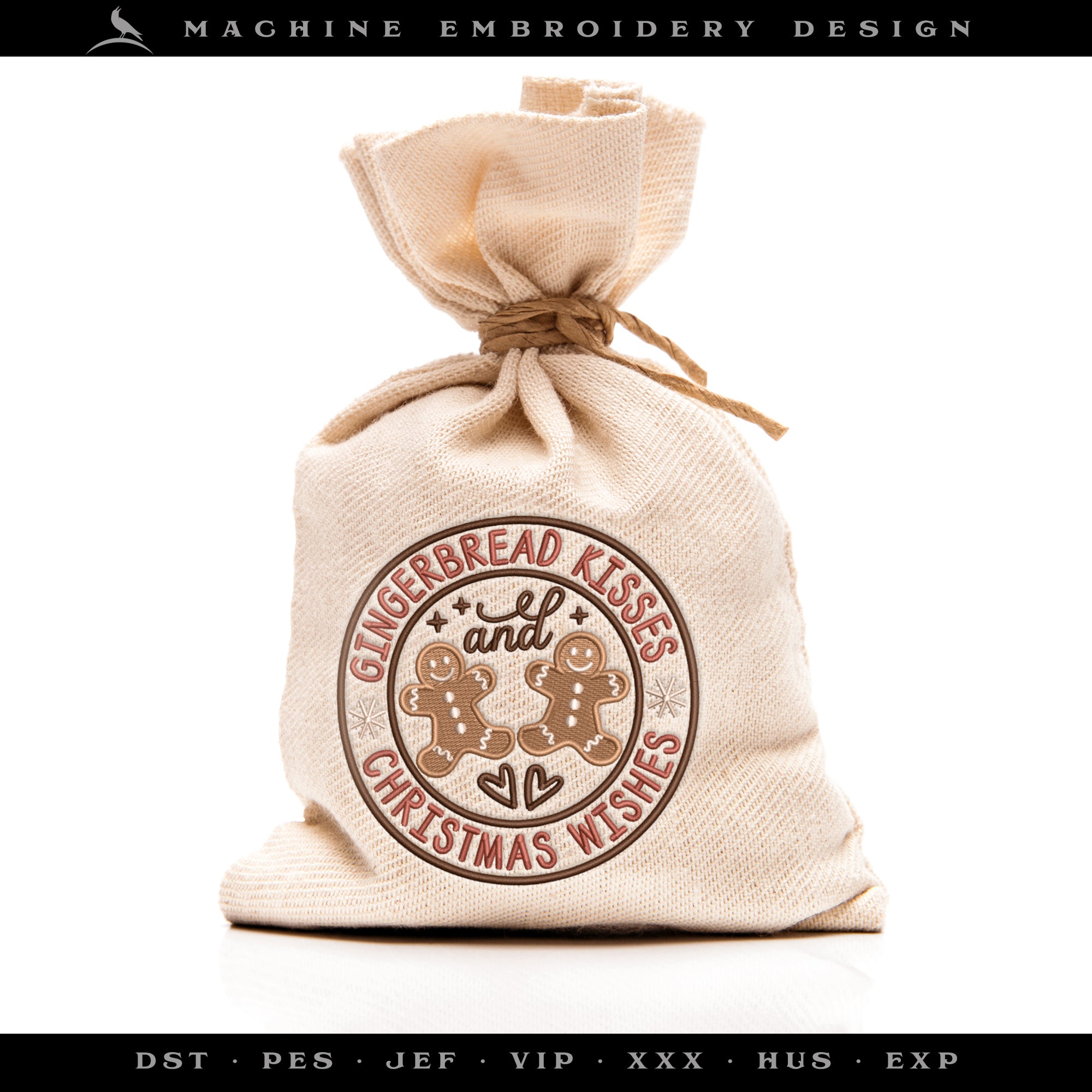 Embroidery: "Gingerbread Kisses" Christmas Bakery Logo - Seven Sizes Between 4 and 10 Inches