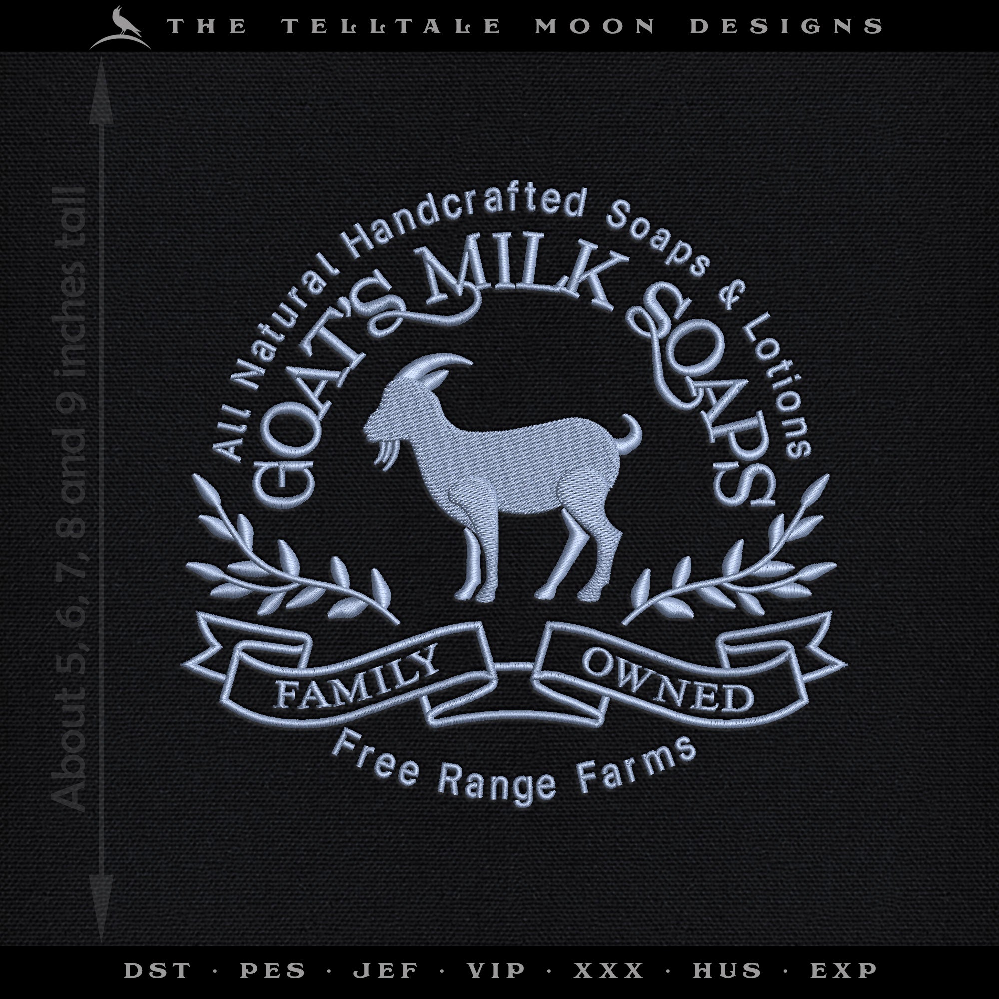 Embroidery: Classic "Goat's Milk Soap" Sign and Label Design - Six Sizes About 5 to 9 Inches Tall