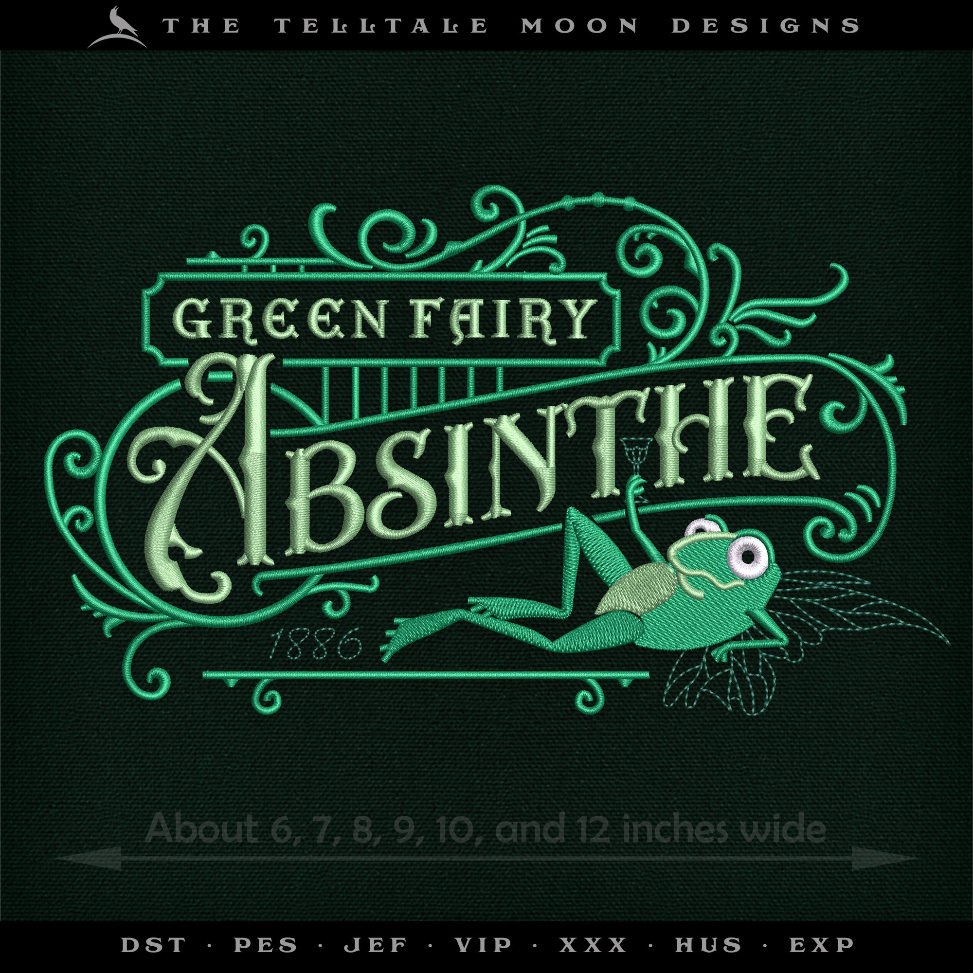 Embroidery: "Green Fairy Absinthe" Vintage Humor - Several Sizes 6 Inches Wide and Larger