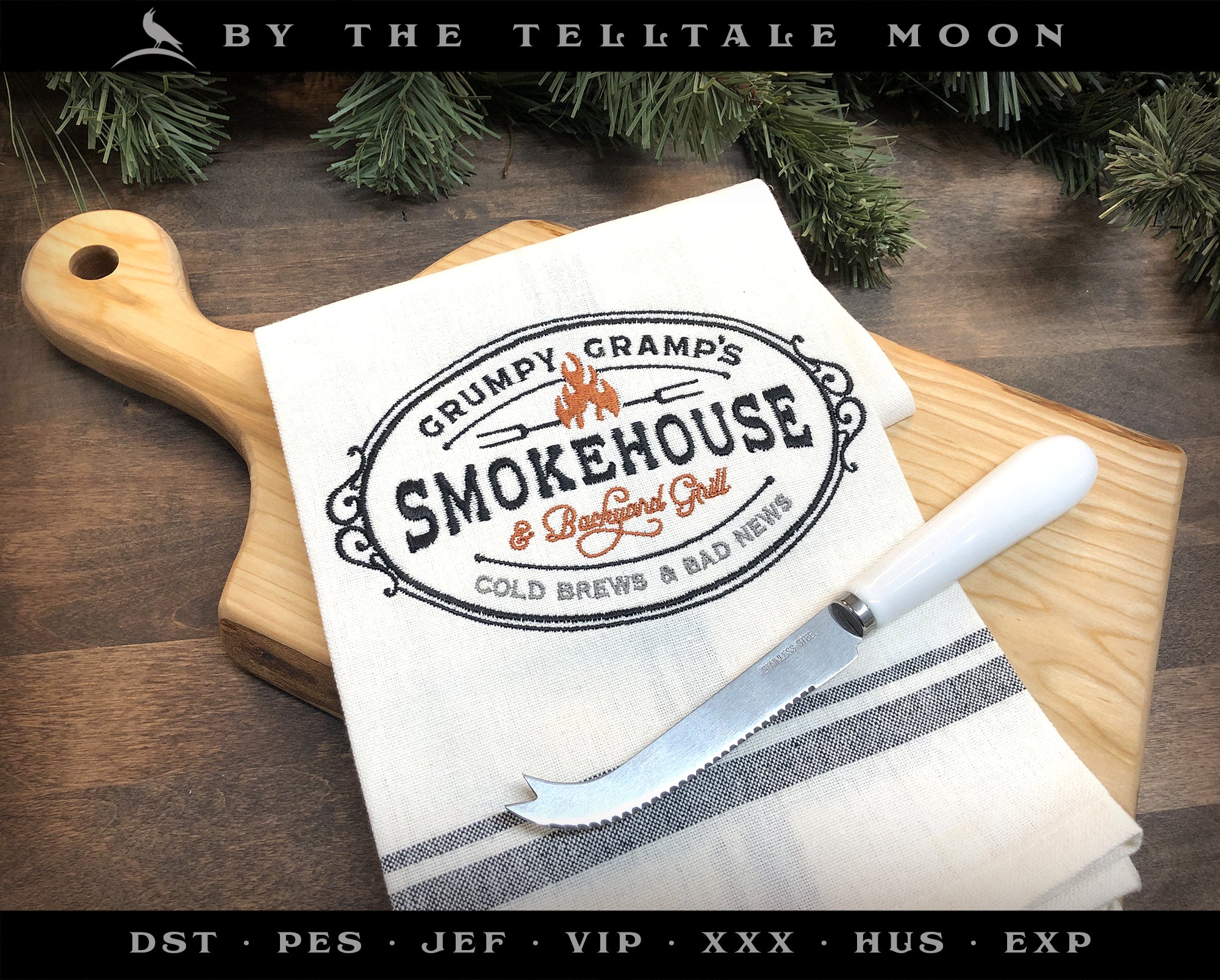 Embroidery: "Grumpy Gramp's Smokehouse" Vintage Style- Four Sizes