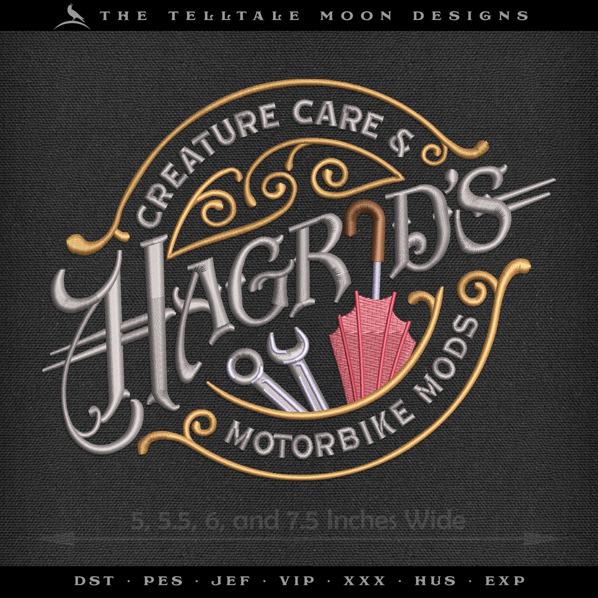 Embroidery: "Hagrid's Garage" Wizard Mechanic Logo - Six Sizes Between 5 and 10 Inches