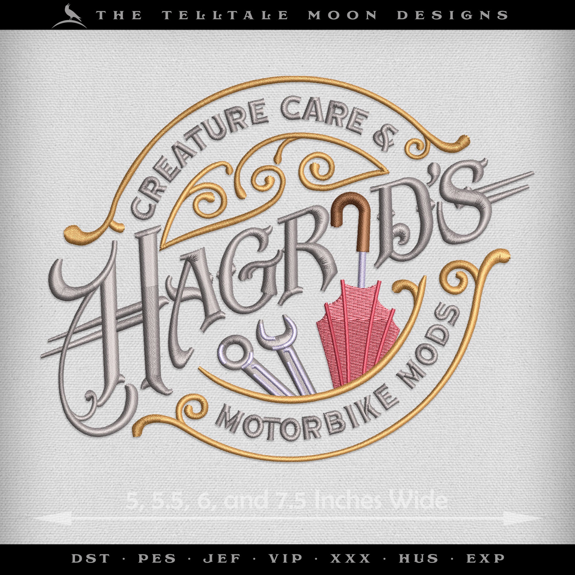 Embroidery: "Hagrid's Garage" Wizard Mechanic Logo - Six Sizes Between 5 and 10 Inches