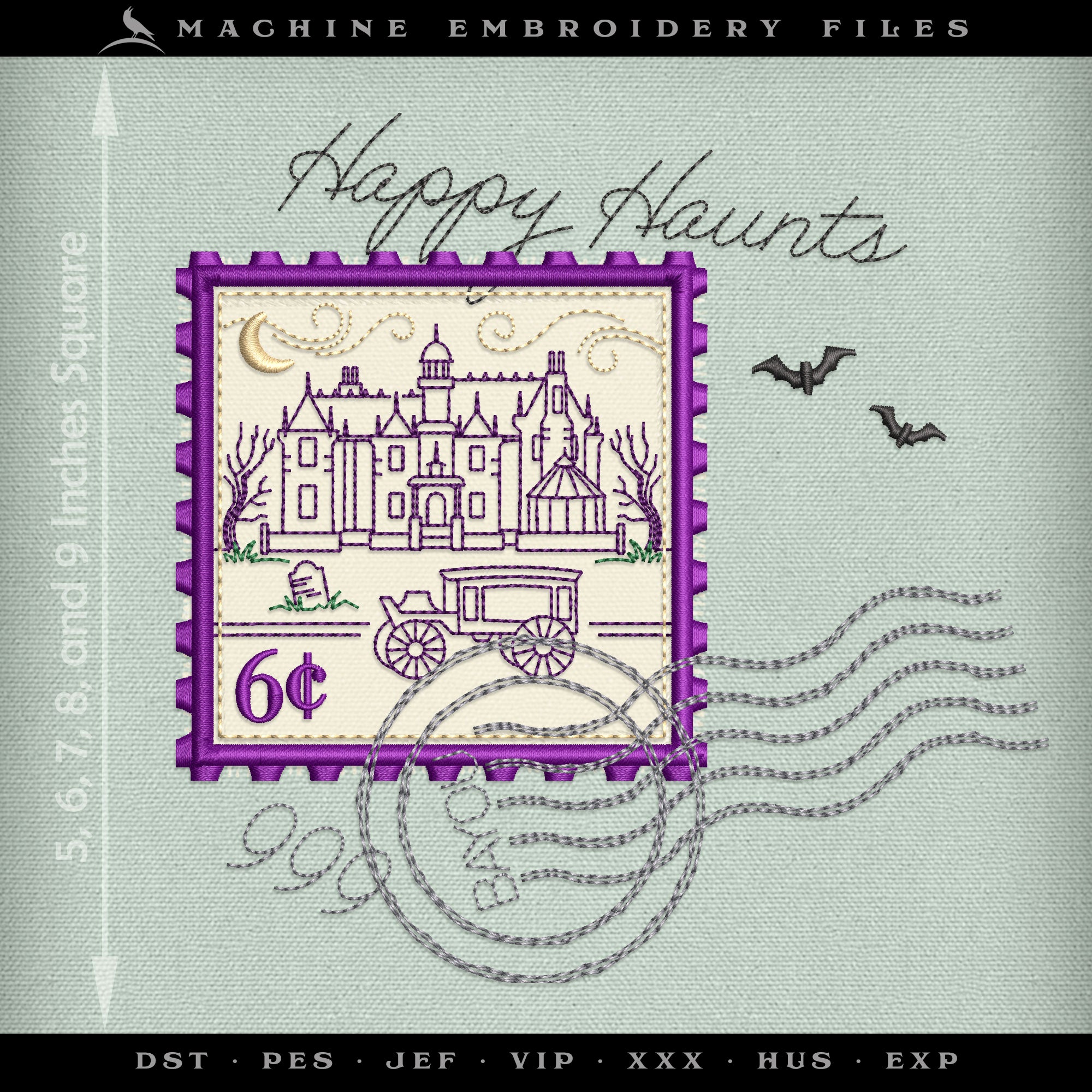 Embroidery: Sketchy "Happy Haunts" Postage Stamp Inspired by Haunted Mansion - Five Sizes 5 to 9 Inches Square