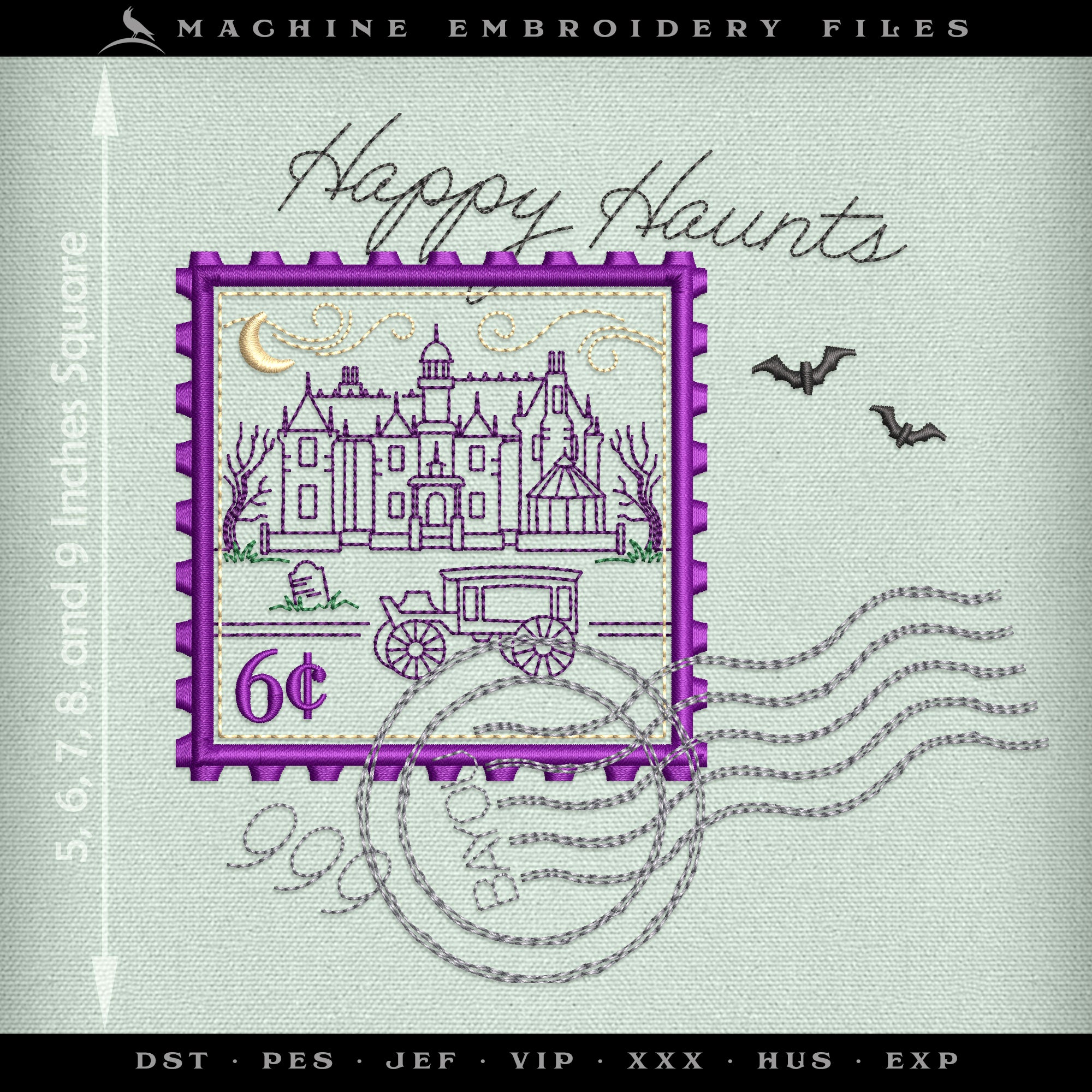 Embroidery: Sketchy "Happy Haunts" Postage Stamp Inspired by Haunted Mansion - Five Sizes 5 to 9 Inches Square