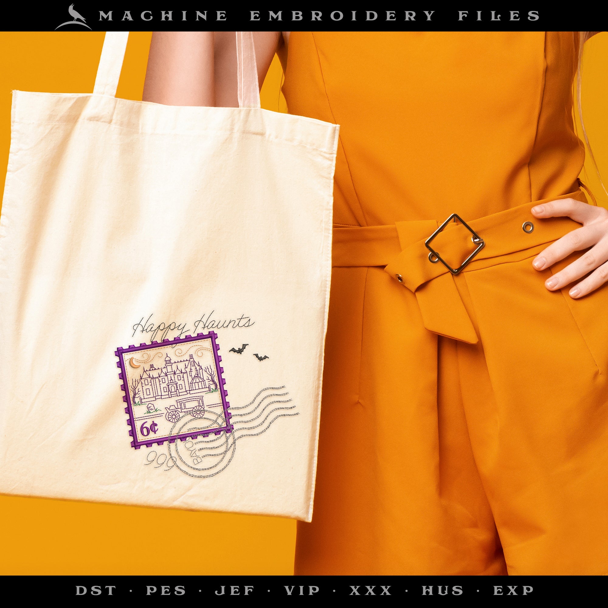 Embroidery: Sketchy "Happy Haunts" Postage Stamp Inspired by Haunted Mansion - Five Sizes 5 to 9 Inches Square