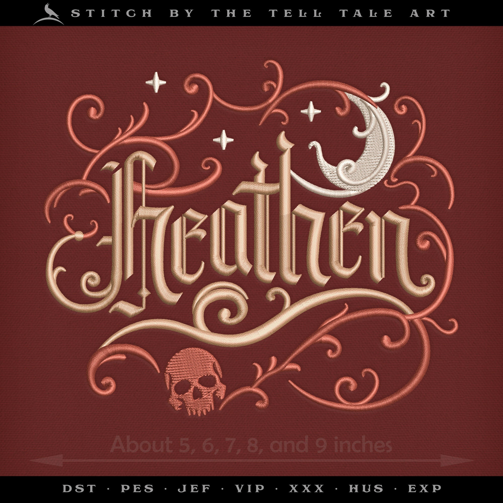 Heathen – Gothic Embroidery Typography with Skull & Moon – Five Sizes