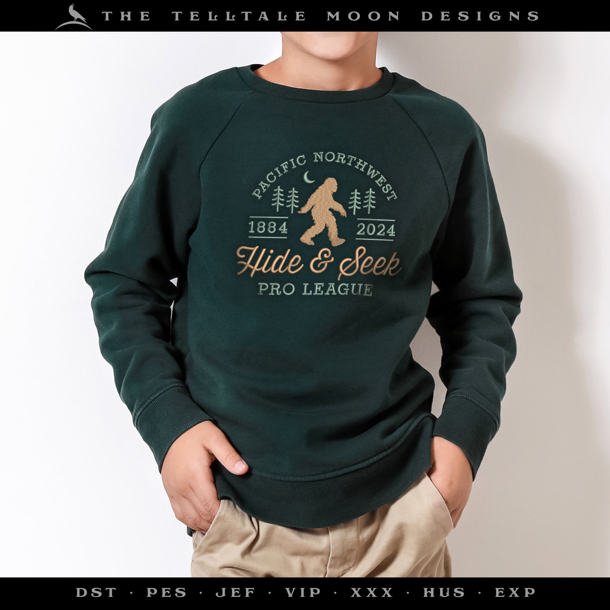 Embroidery: Bigfoot "Hide & Seek Pro League" Sign - Seven Sizes Between 5 and 12 Inches Tall