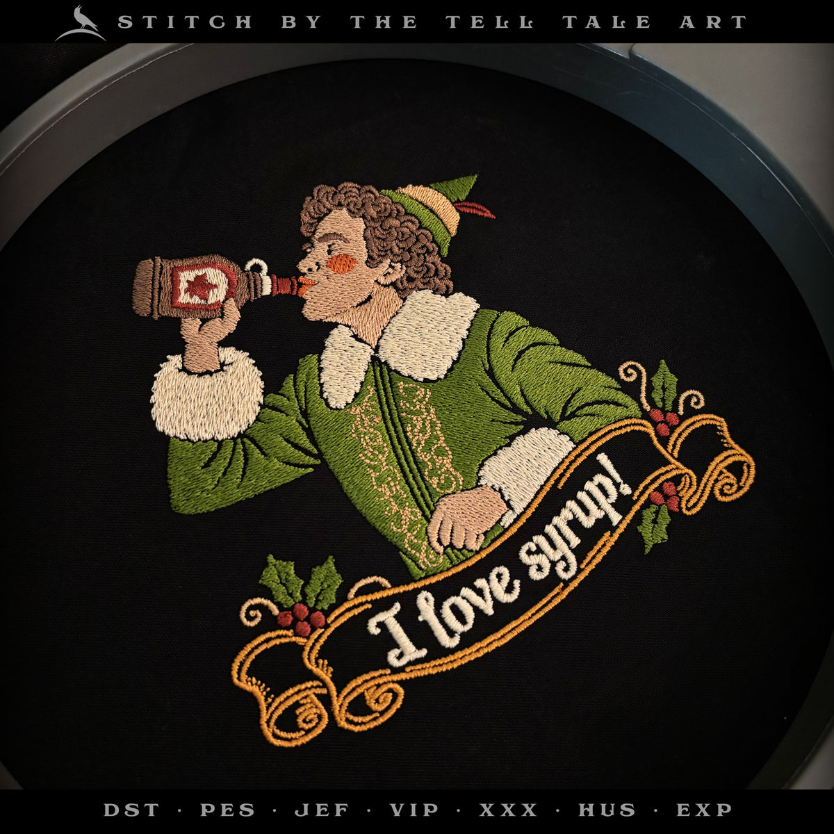I Love Syrup – Goofy Elf Embroidery Design – Four Sizes 5 to 8 Inches