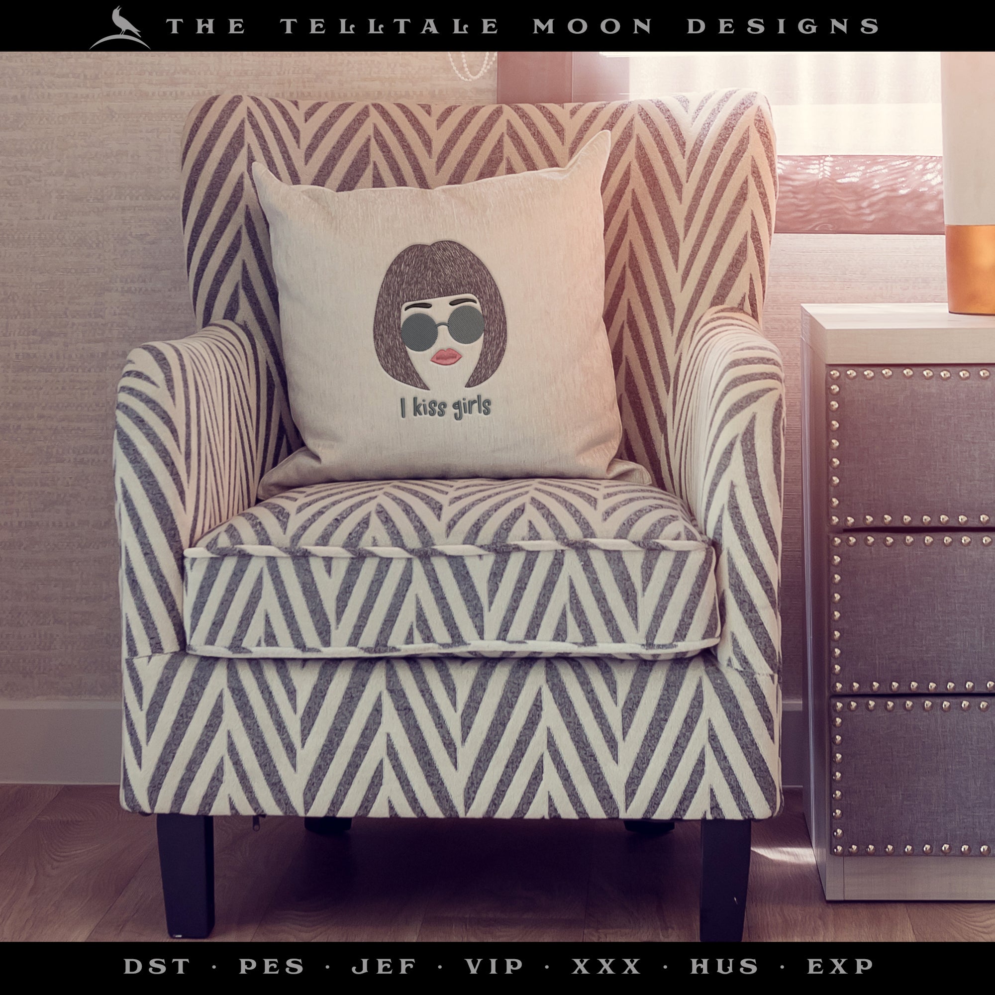 Embroidery Files: "I Kiss Girls" (Lesbian/Bi/Pan/Trans Inspired) - Four Sizes between 4 and 7 Inches - 3 Thread Colors