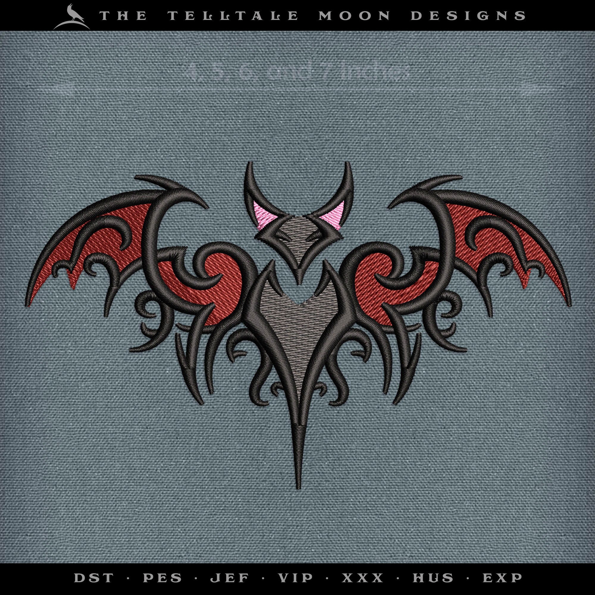 Embroidery: Gothic-style Ironwork Bat in Four Sizes Between 4 and 7 Inches Tall (Four Thread Colors)