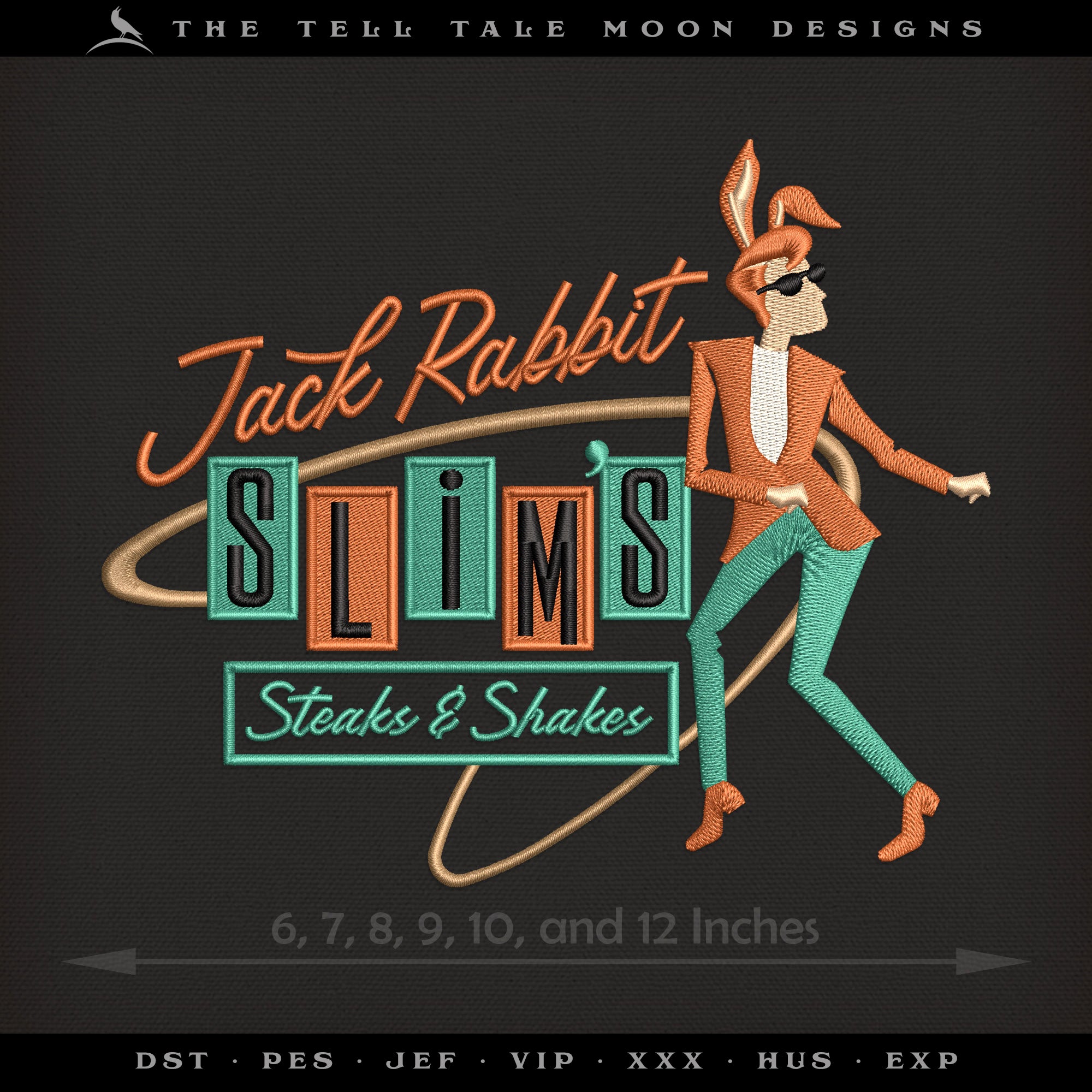 Embroidery: "Jack Rabbit Slim" Midcentury Sign - Six Sizes 6 to 12 Inches Wide