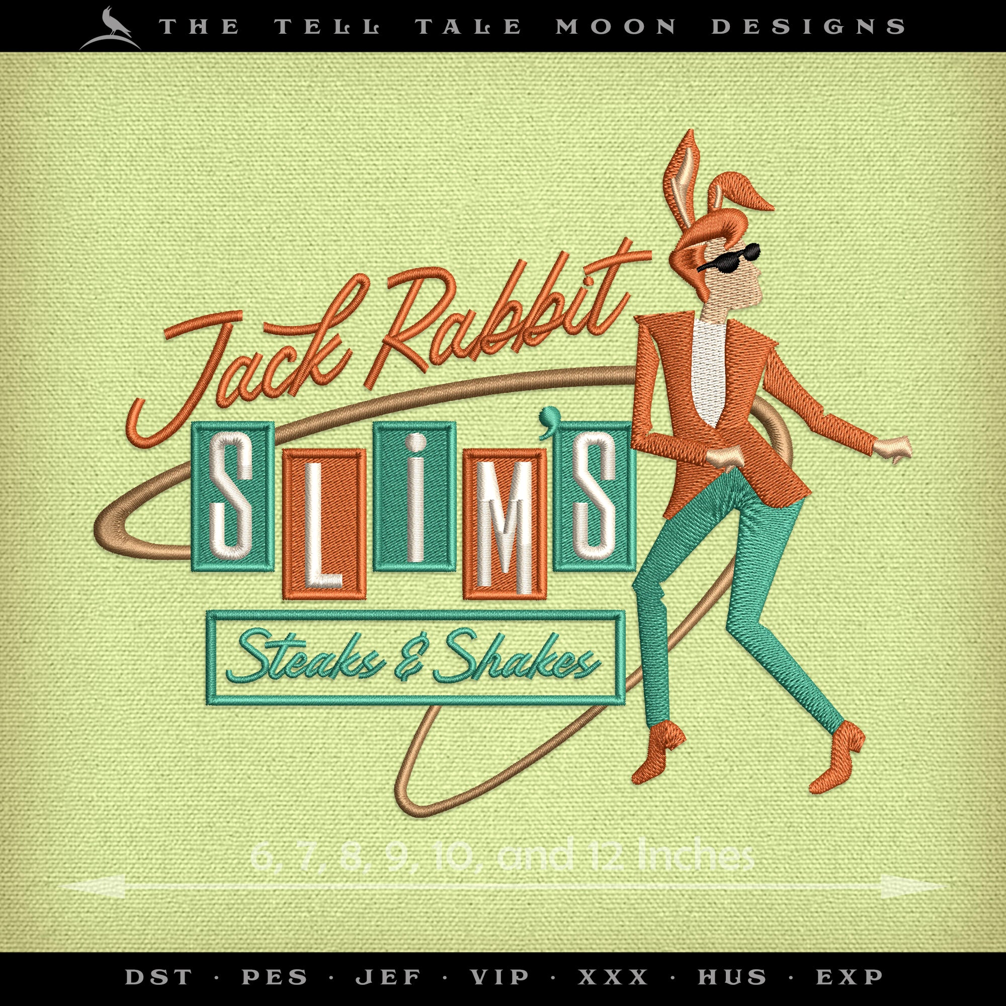 Embroidery: "Jack Rabbit Slim" Midcentury Sign - Six Sizes 6 to 12 Inches Wide