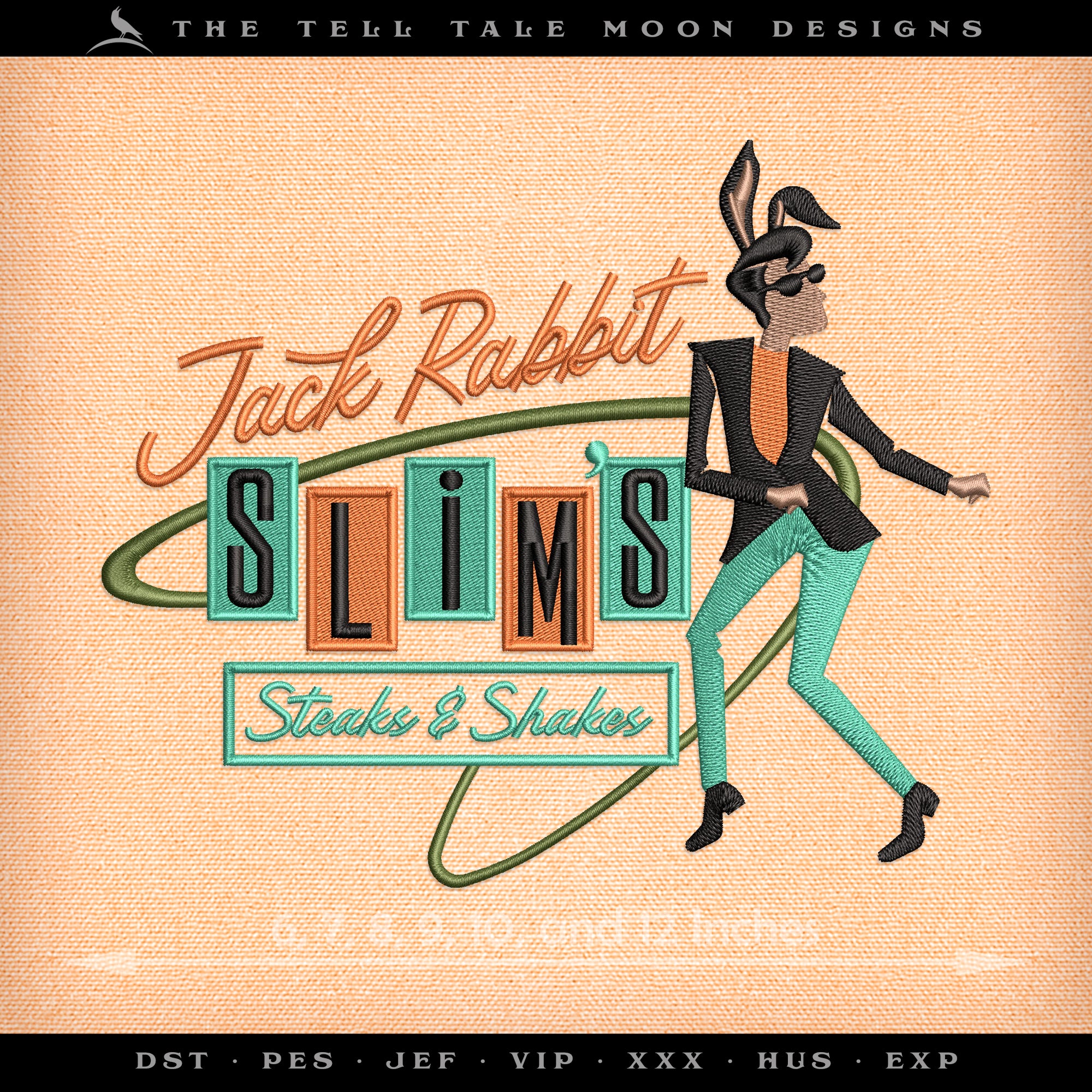 Embroidery: "Jack Rabbit Slim" Midcentury Sign - Six Sizes 6 to 12 Inches Wide
