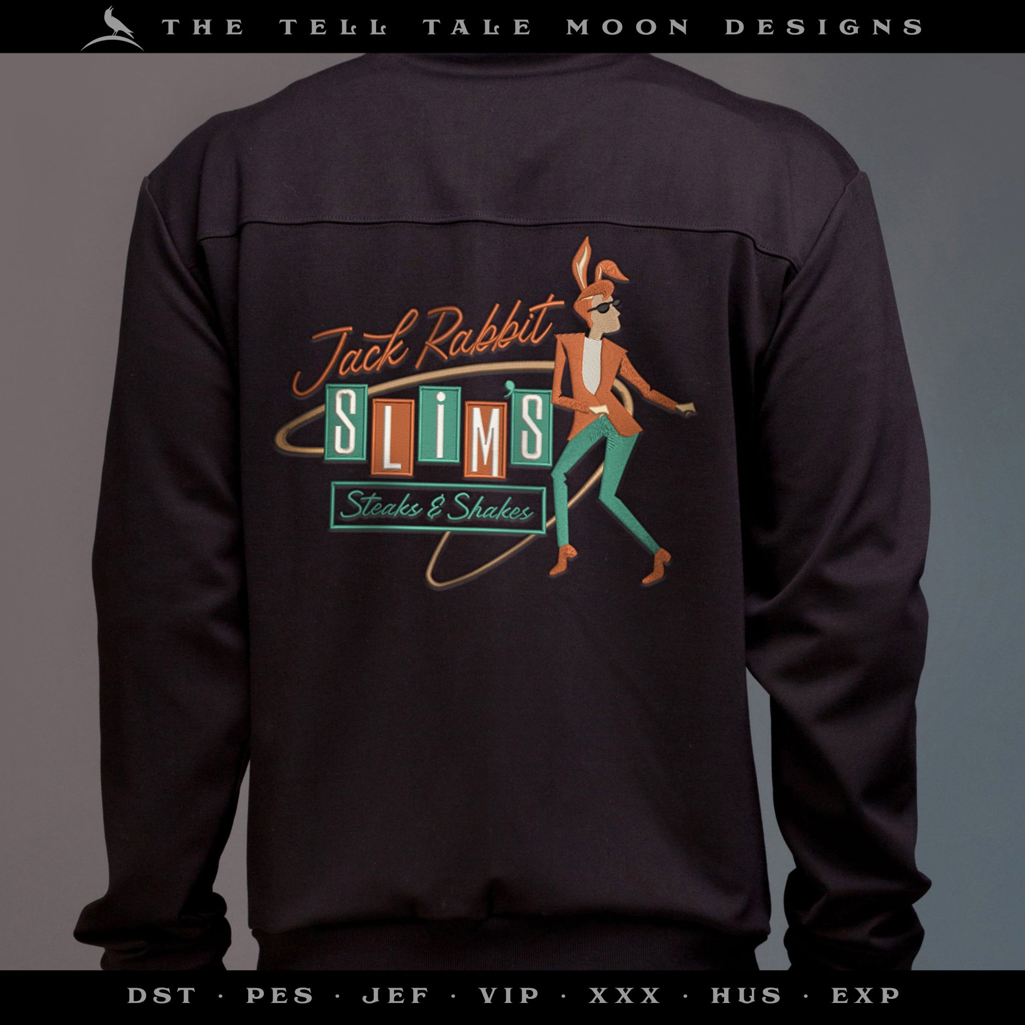 Embroidery: "Jack Rabbit Slim" Midcentury Sign - Six Sizes 6 to 12 Inches Wide