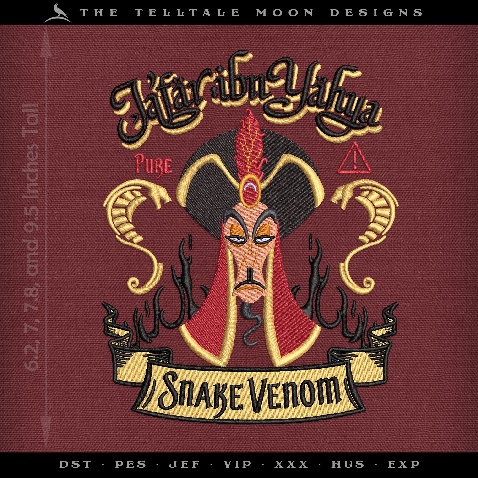 Embroidery Set: Villain Vizier "Snake Venom" Label Design in Four Sizes 6.5 to 9.5 Inches Tall