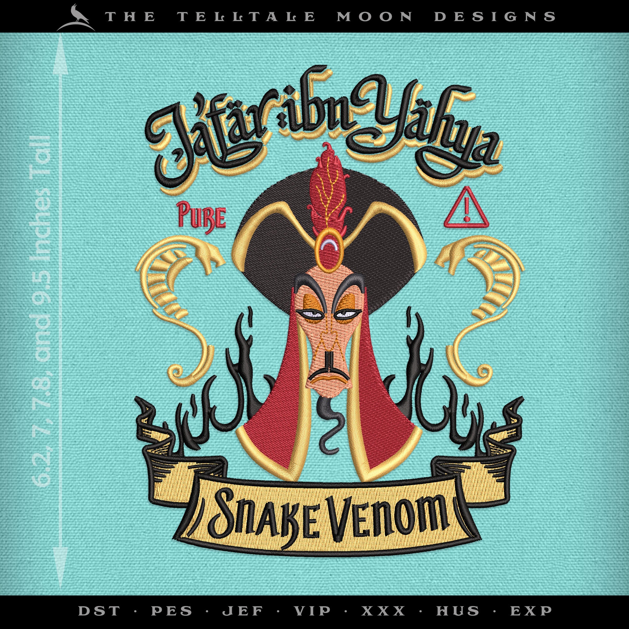 Embroidery Set: Villain Vizier "Snake Venom" Label Design in Four Sizes 6.5 to 9.5 Inches Tall