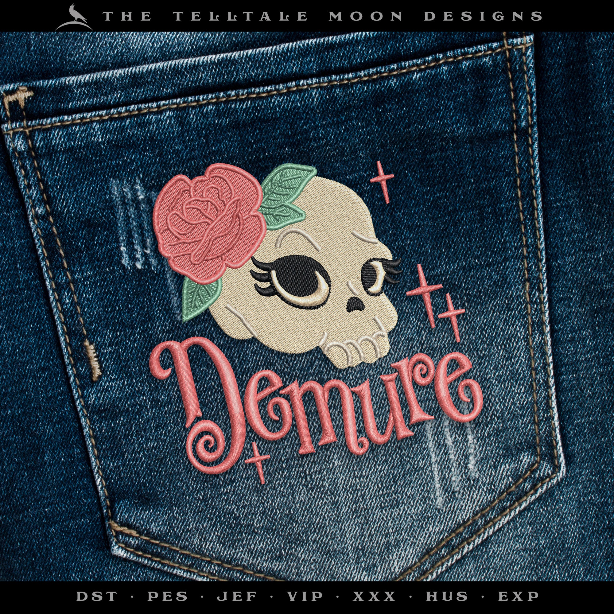 Embroidery: "Demure" Skull Design for Download - 3.5, 4, 5, and 6 Inches - Seven Thread Colors