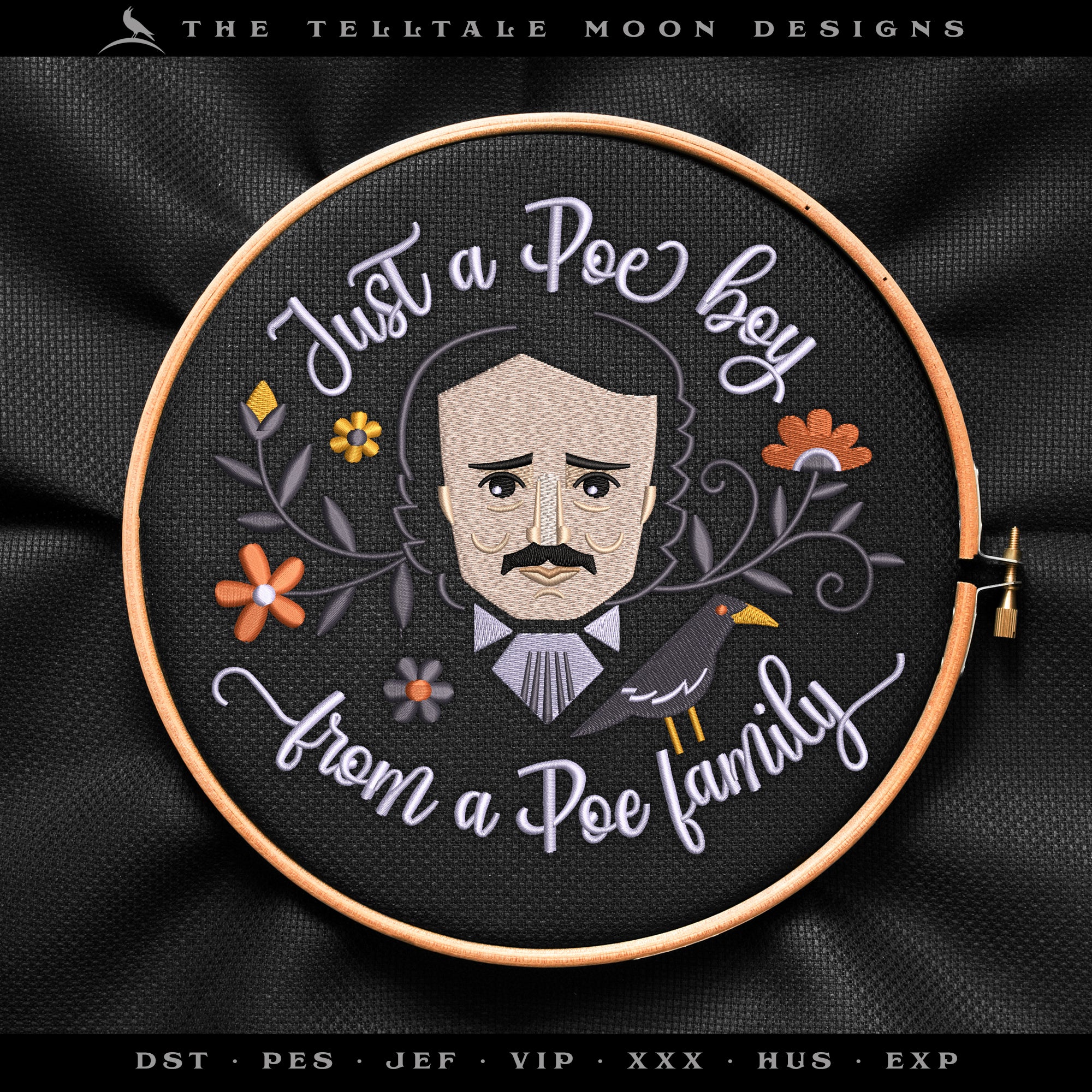 Embroidery: Darkly Fun Edgar Allen Poe Design (5, 6, 7, and 8 Inches; Up To 9 Thread Colors)