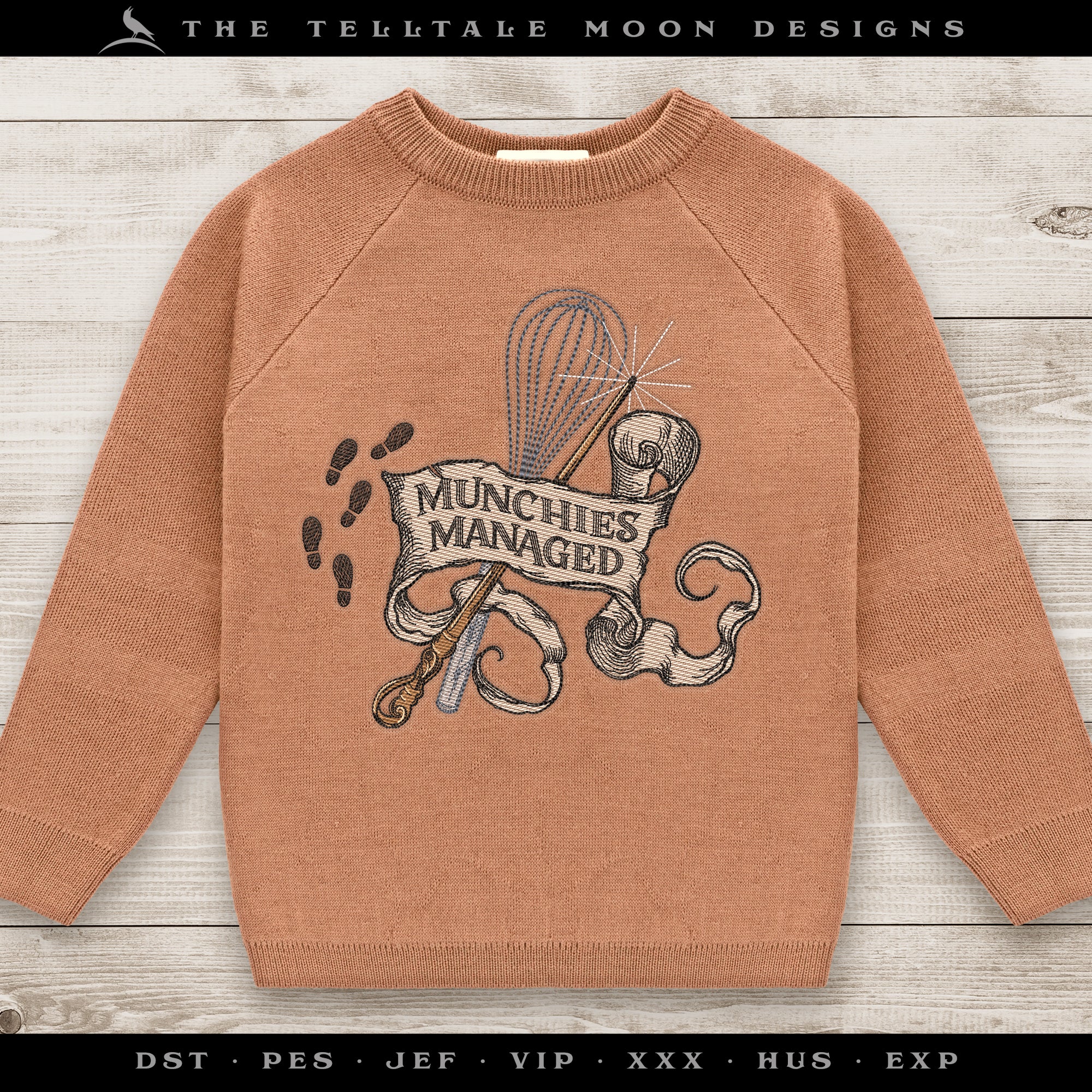 Embroidery: Sketch-style "Munchies Managed" Design - 5, 6, 7, 8, 9, 10, and 12 Inches Square