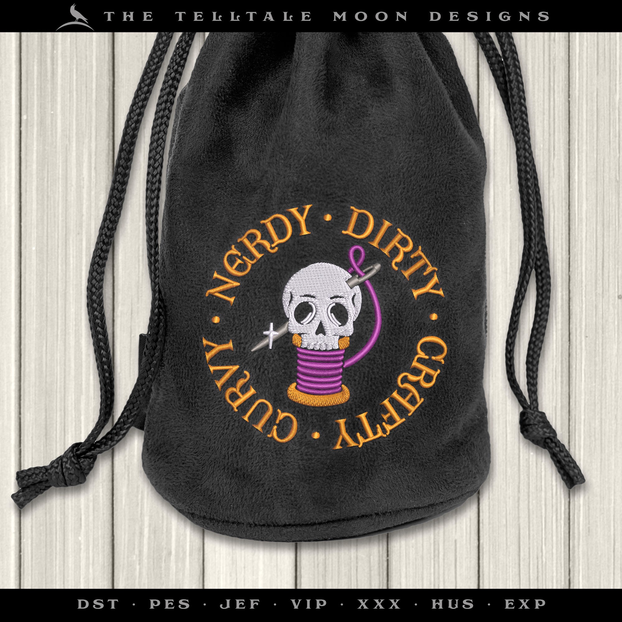 Embroidery: "Nerdy Dirty Crafty Curvy" Thread Spool Design - 4, 5, 6, 7.75, and 9 Inches