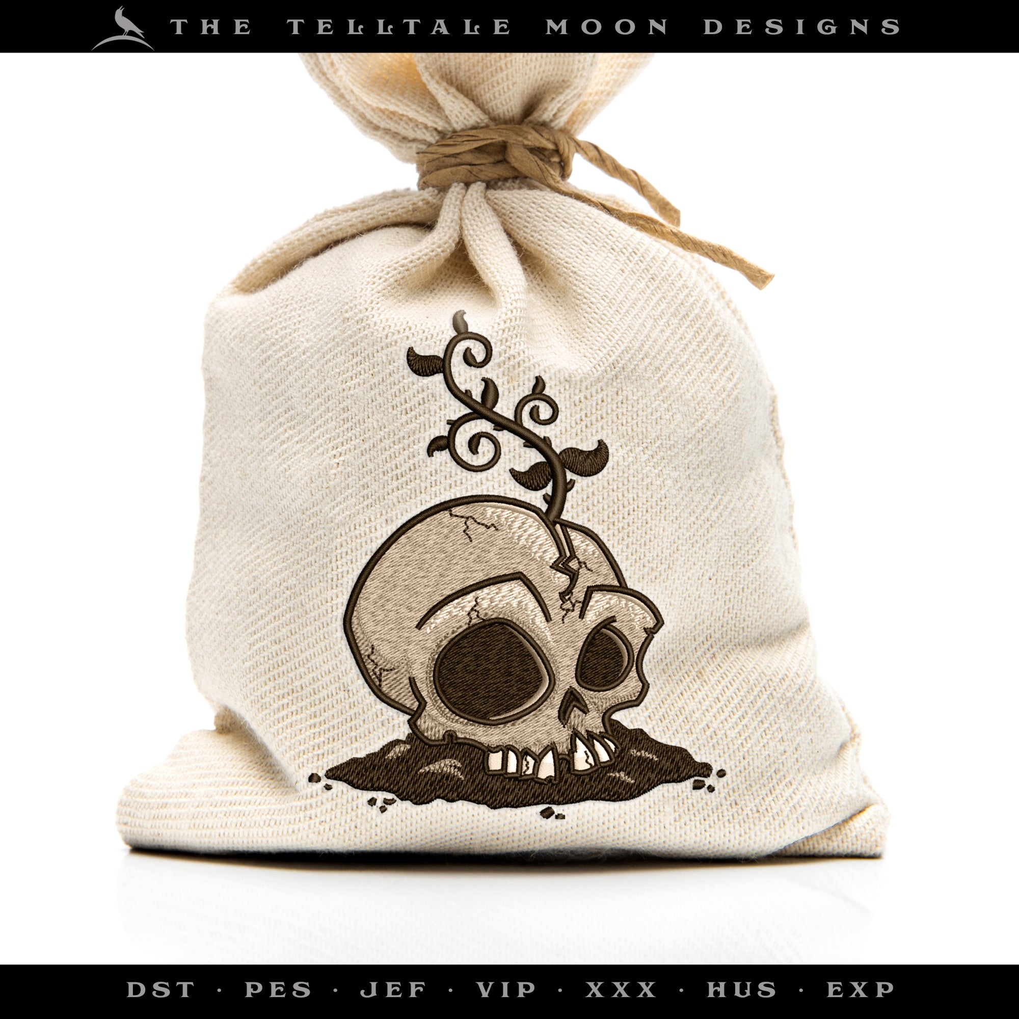 Machine Embroidery: Skull with Vine (4.5 and 5.5 Inches High, Five Thread Colors)