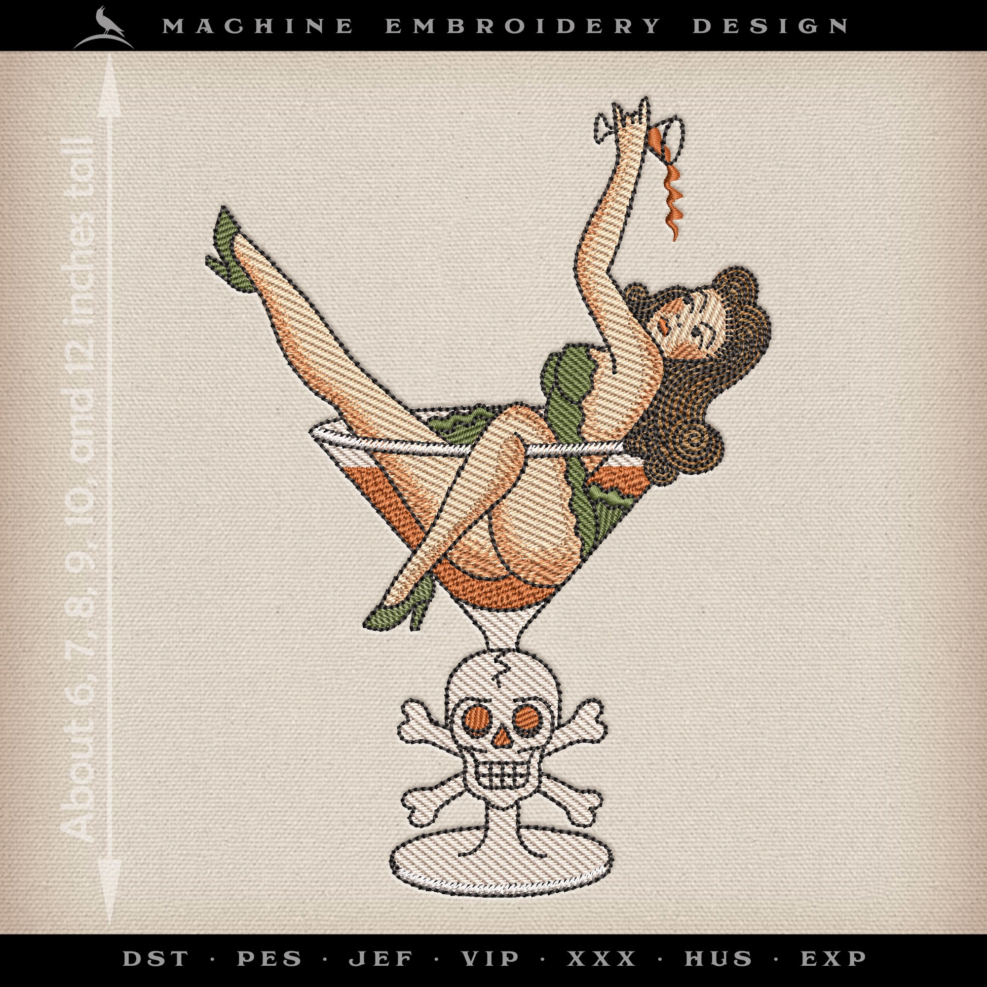 Vintage Tattoo Pinup in Skull Martini – Six Sizes 6 to 12 Inches – American Traditional Style