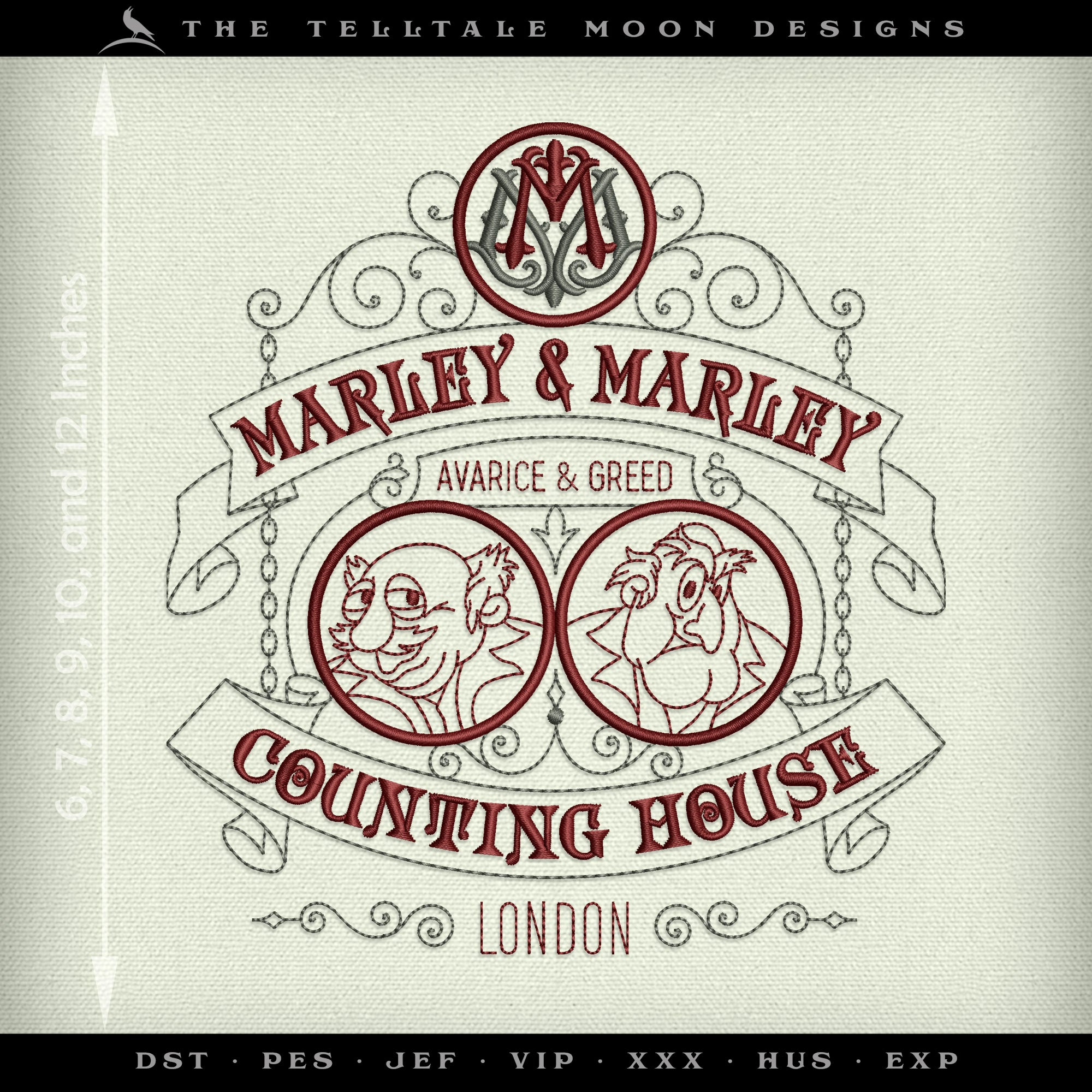 Embroidery: "Marley and Marley Counting House" - Seven Sizes Between 5 and 12 Inches