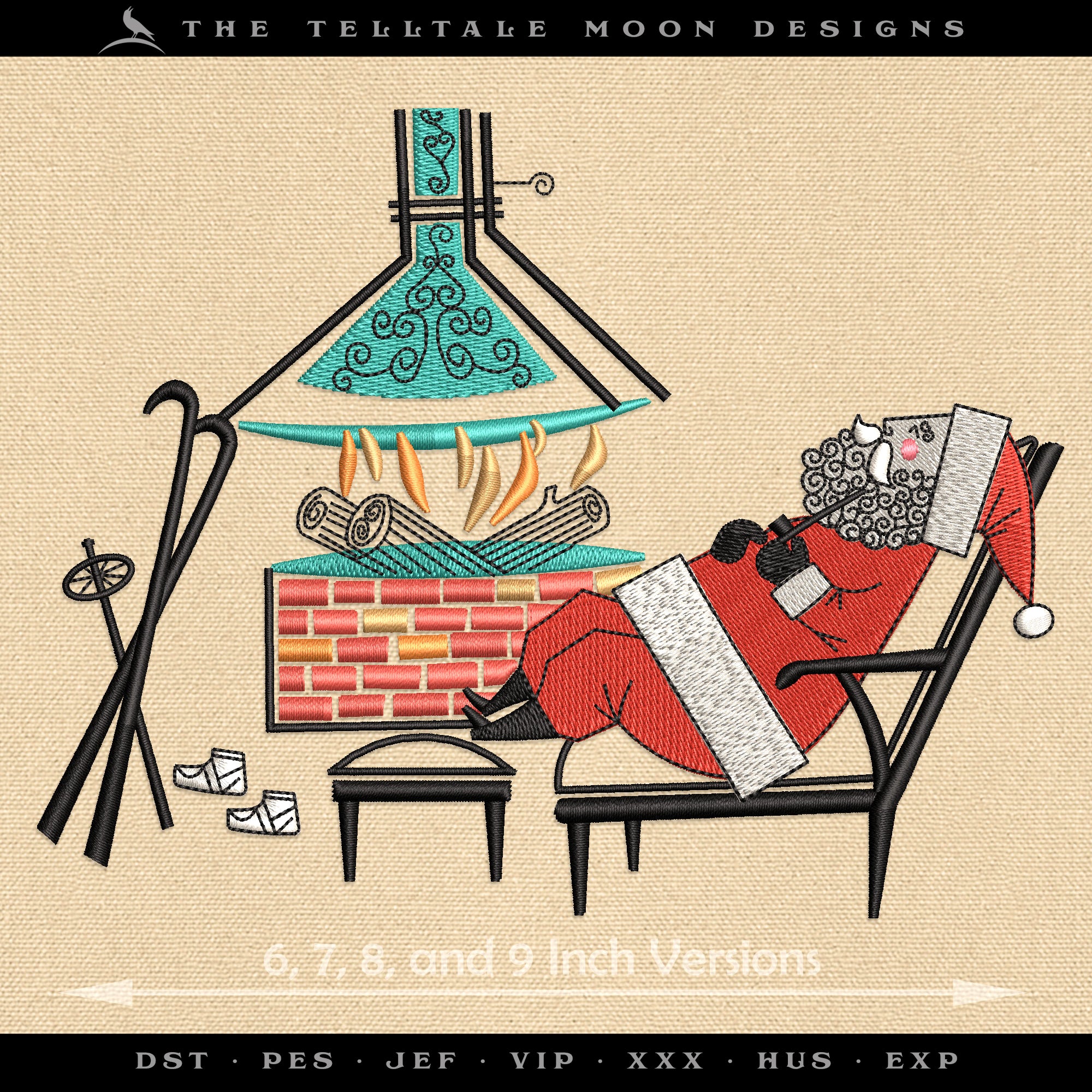 Embroidery Files: Midcentury "Santa's Den" (Six Sizes Between 6 and 9 Inches Wide)