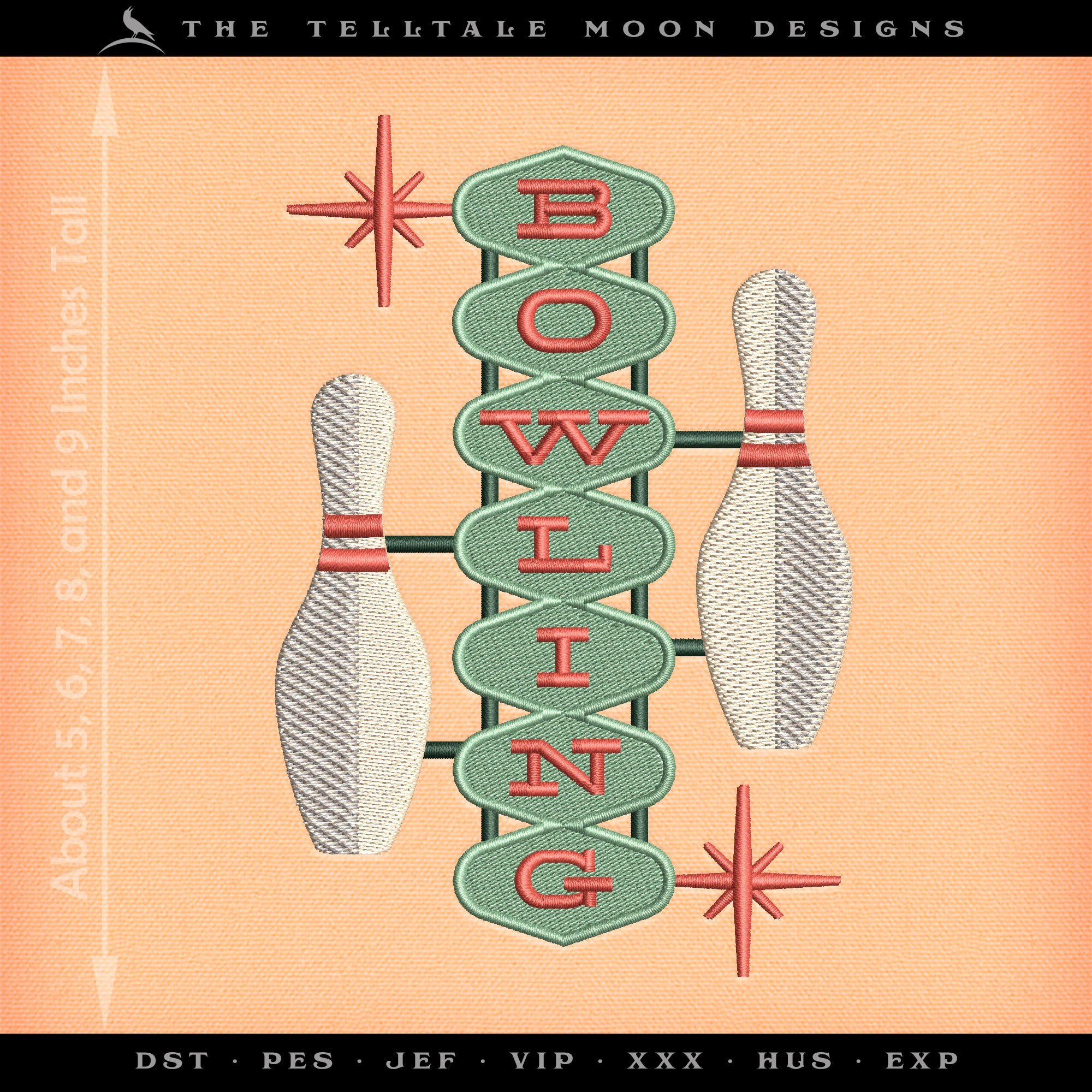 Embroidery: Midcentury Bowling Sign - About 5, 6, 7, 8, and 9 Inches Tall