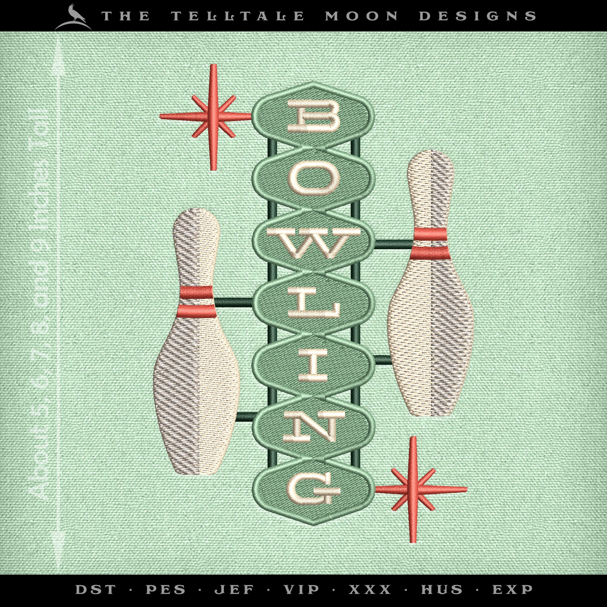 Embroidery: Midcentury Bowling Sign - About 5, 6, 7, 8, and 9 Inches Tall