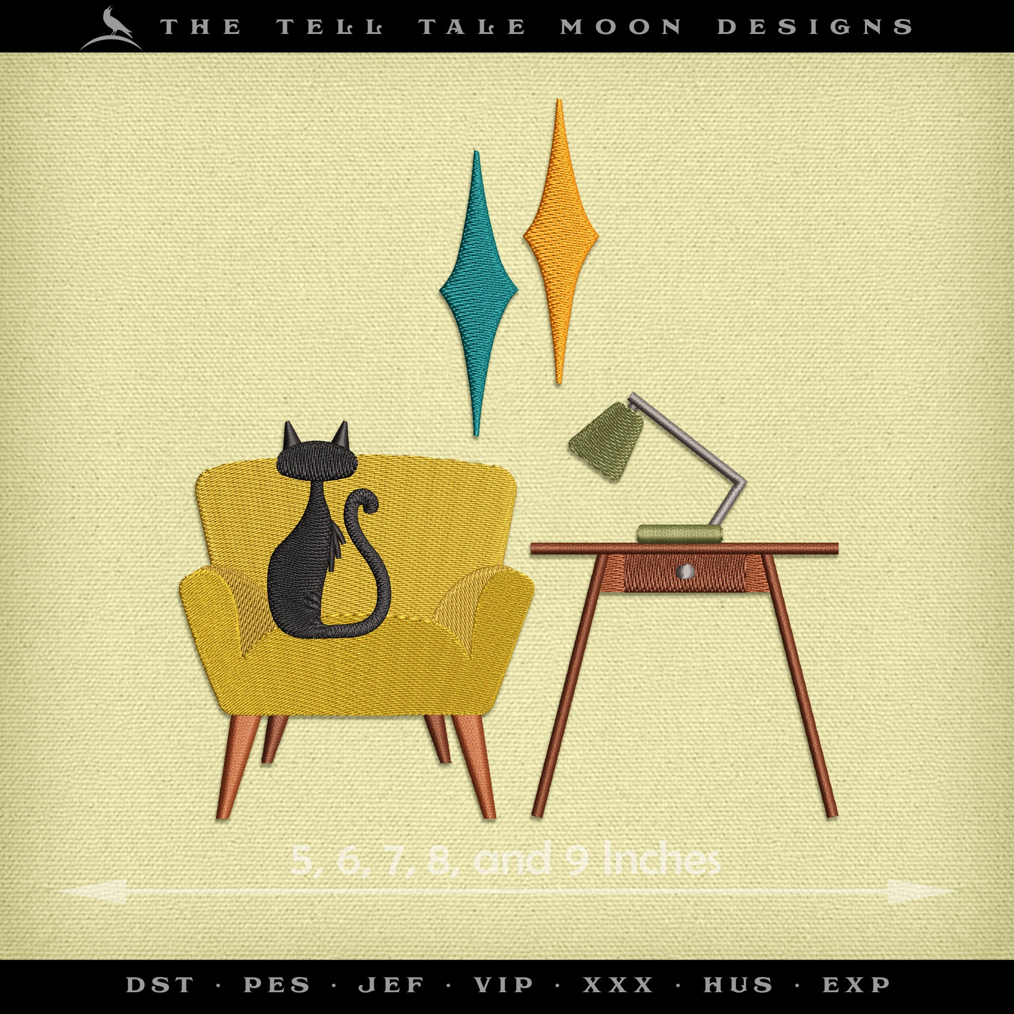 Embroidery: Midcentury Kitty Chillin' - Five Sizes 5 to 9 Inches