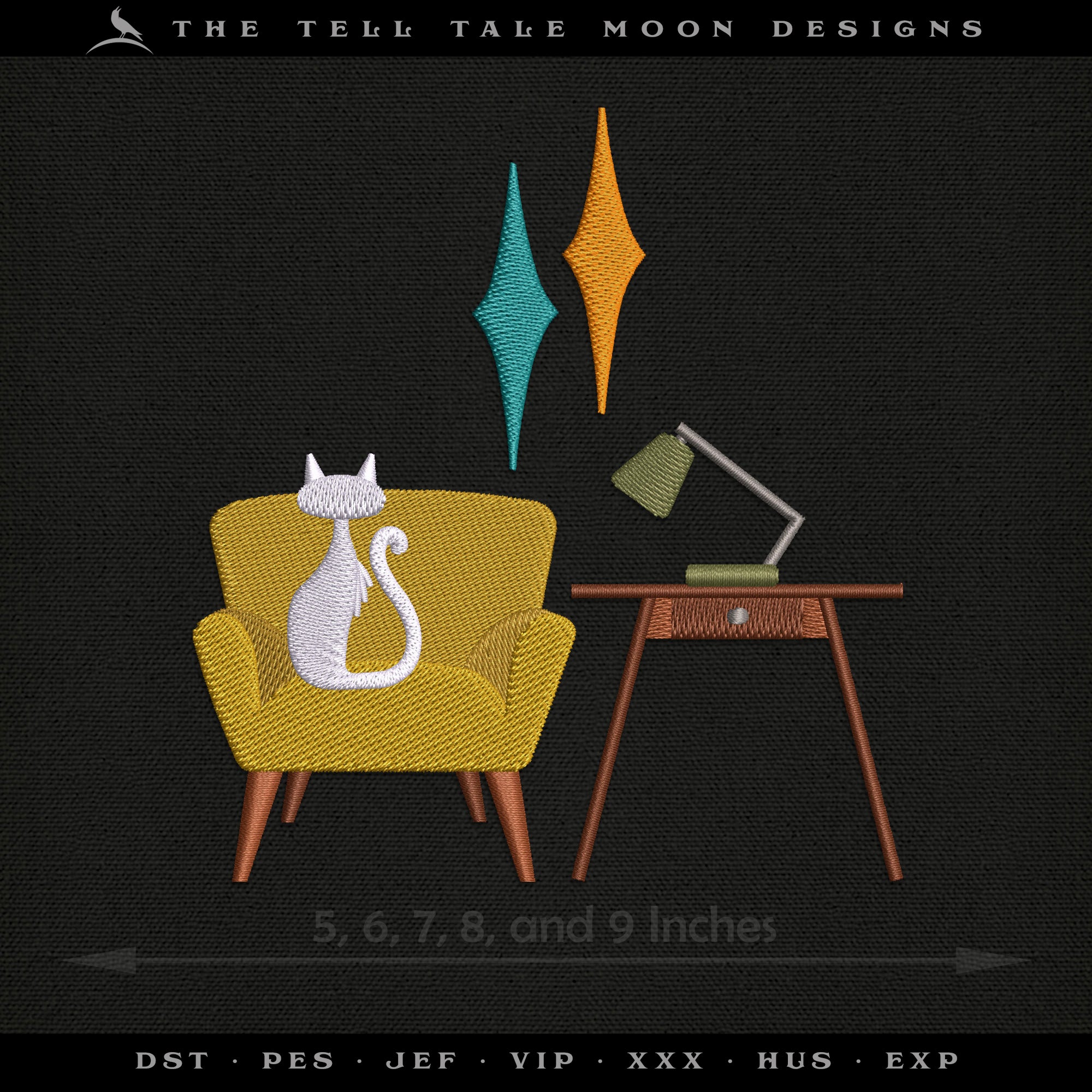 Embroidery: Midcentury Kitty Chillin' - Five Sizes 5 to 9 Inches