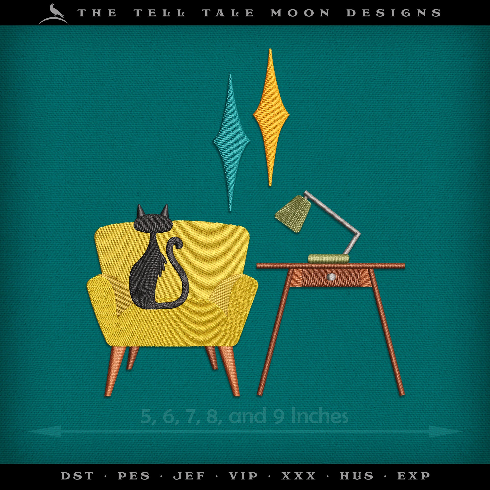 Embroidery: Midcentury Kitty Chillin' - Five Sizes 5 to 9 Inches