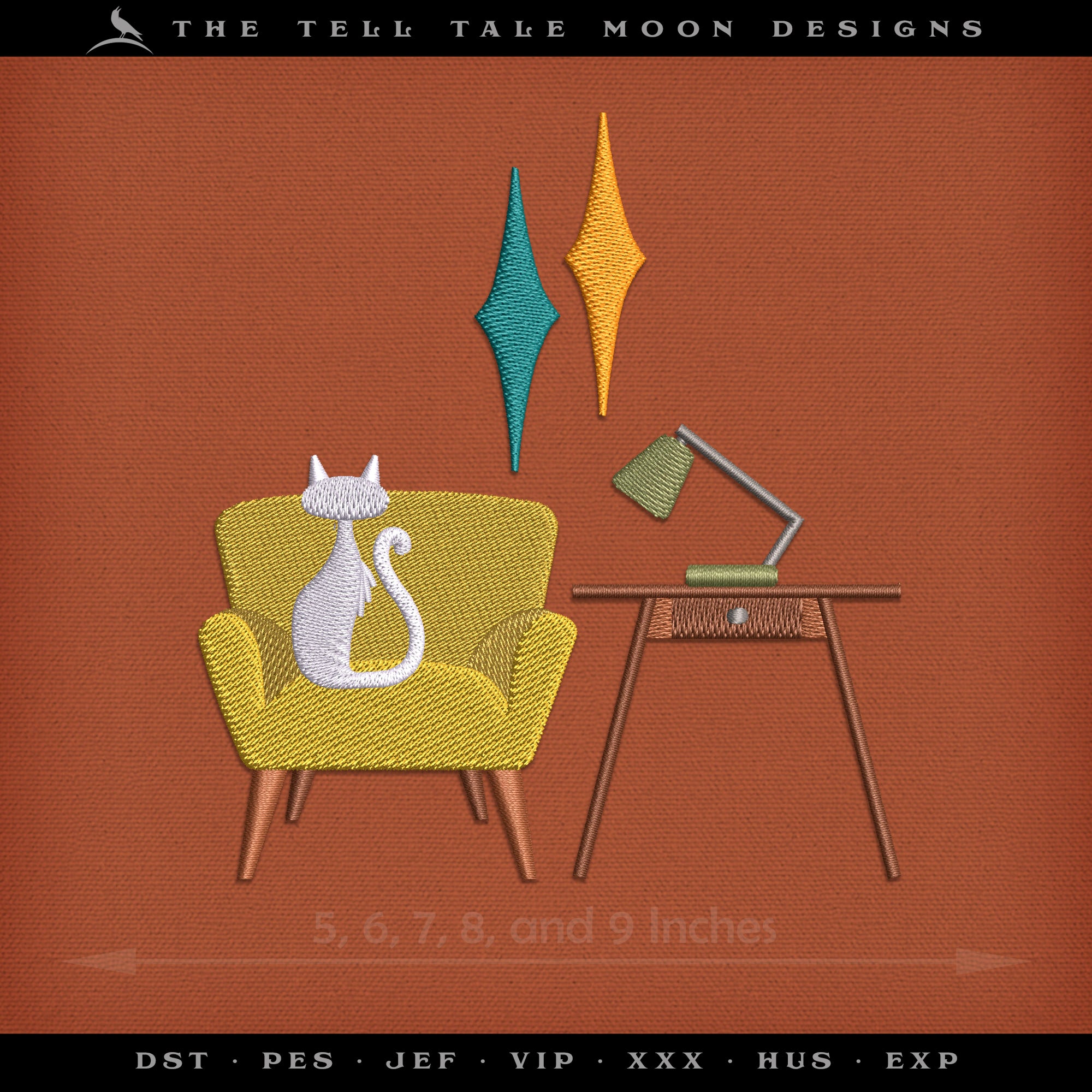 Embroidery: Midcentury Kitty Chillin' - Five Sizes 5 to 9 Inches