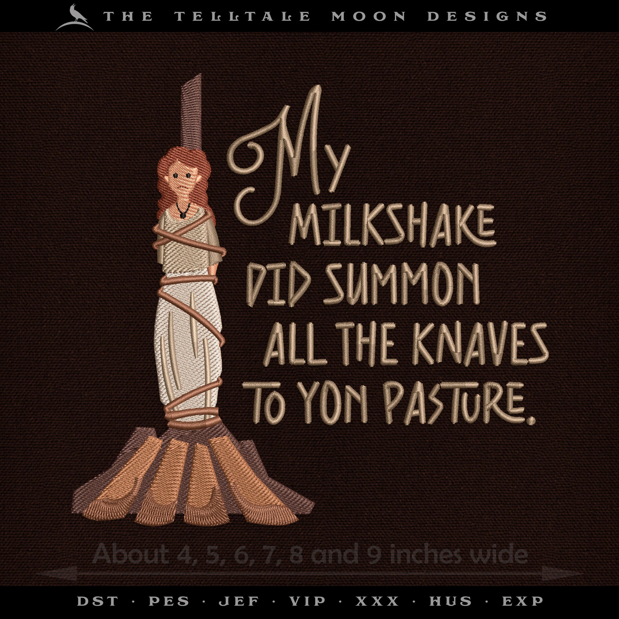 Embroidery: Medieval Humor "My Milkshake" - Six Sizes About 4 to 9 Inches Tall