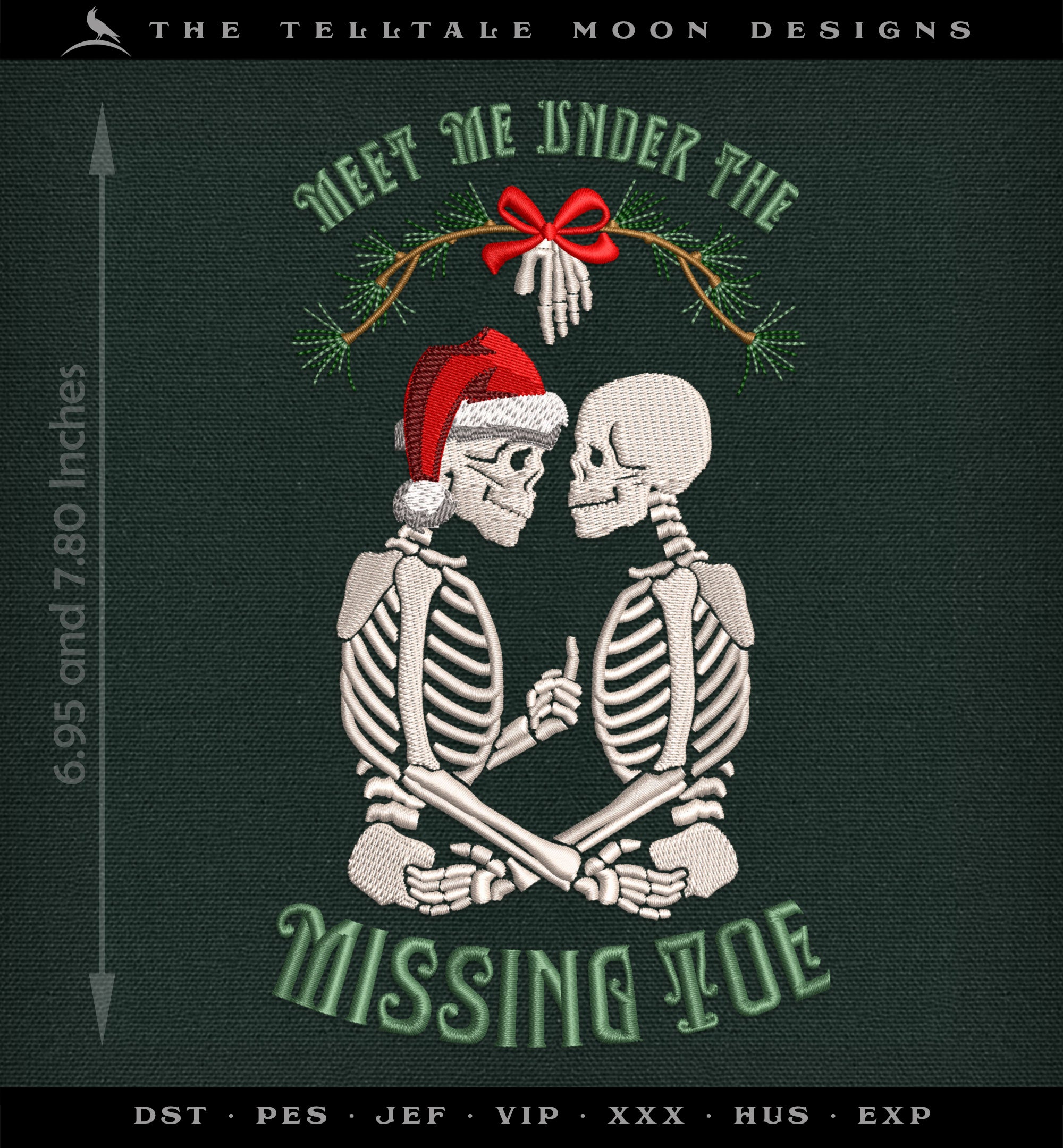 Machine Embroidery: Gothic Holiday Humor "Meet Me Under the Missing Toe" Design (6.9 and 7.8 Inches, 8 Thread Colors)