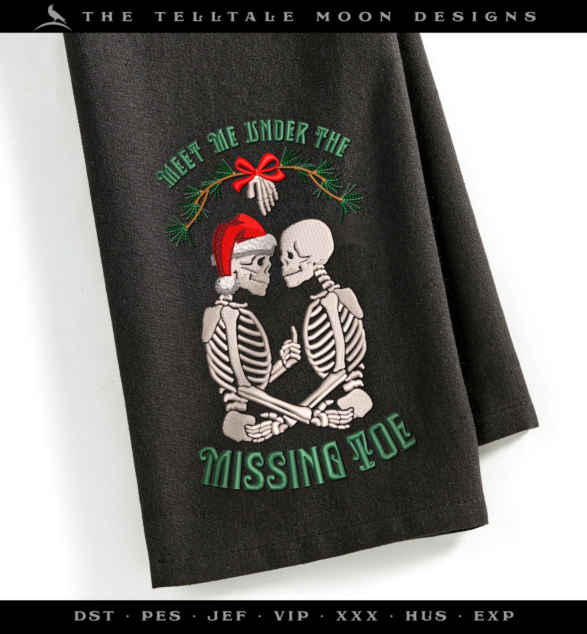 Machine Embroidery: Gothic Holiday Humor "Meet Me Under the Missing Toe" Design (6.9 and 7.8 Inches, 8 Thread Colors)