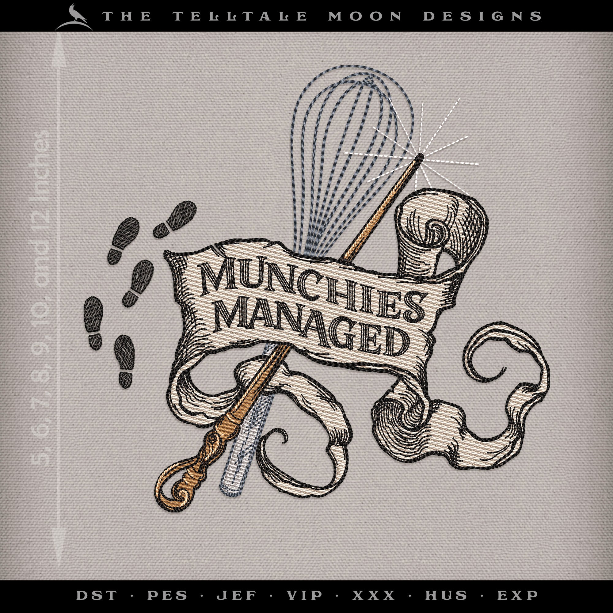 Embroidery: Sketch-style "Munchies Managed" Design - 5, 6, 7, 8, 9, 10, and 12 Inches Square