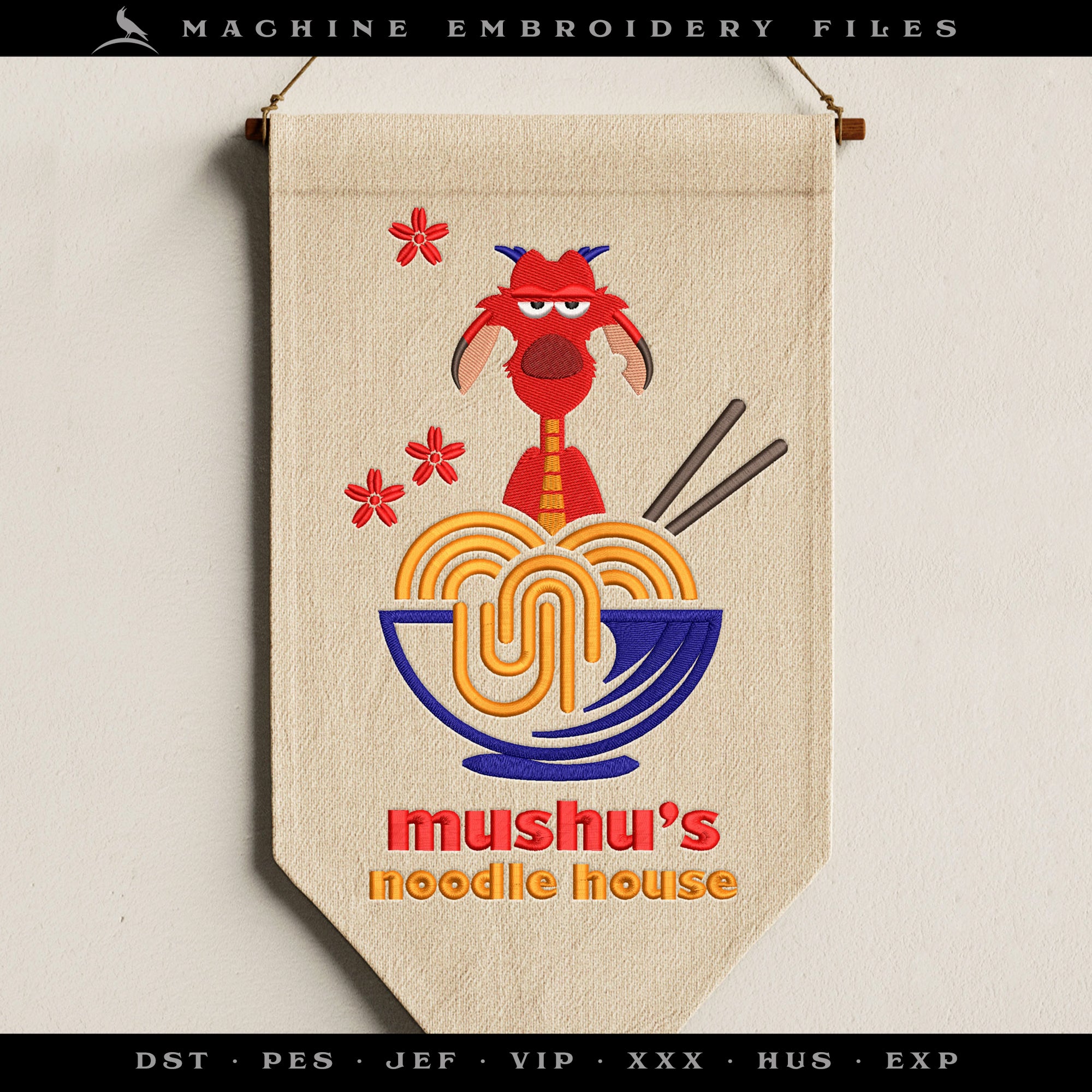 Embroidery: Fun "Noodle House" Design - Pocket Version, Plus Sizes 5 to 10 Inches Tall