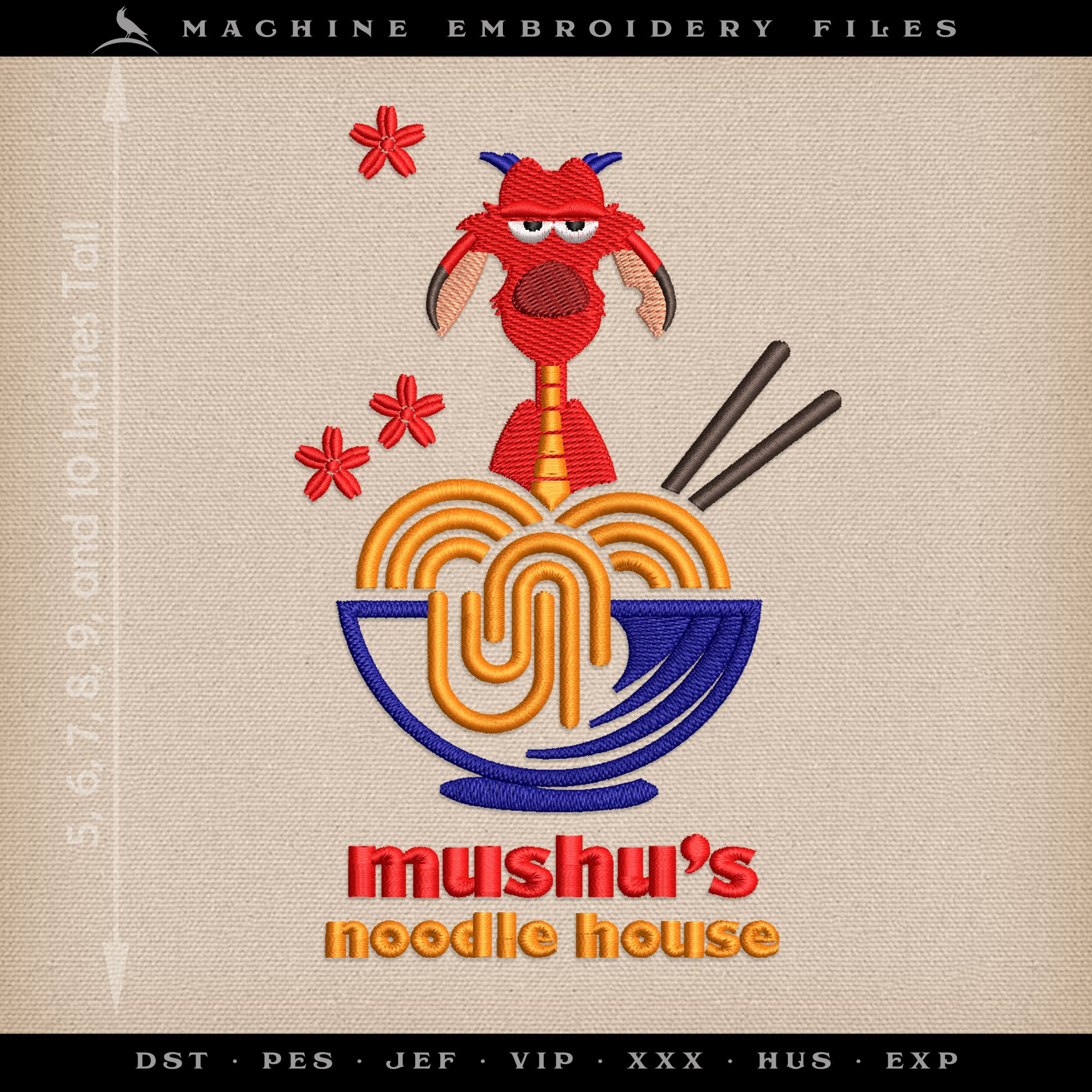 Embroidery: Fun "Noodle House" Design - Pocket Version, Plus Sizes 5 to 10 Inches Tall