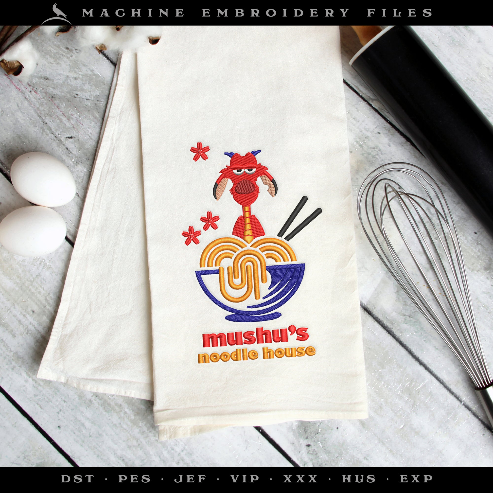 Embroidery: Fun "Noodle House" Design - Pocket Version, Plus Sizes 5 to 10 Inches Tall